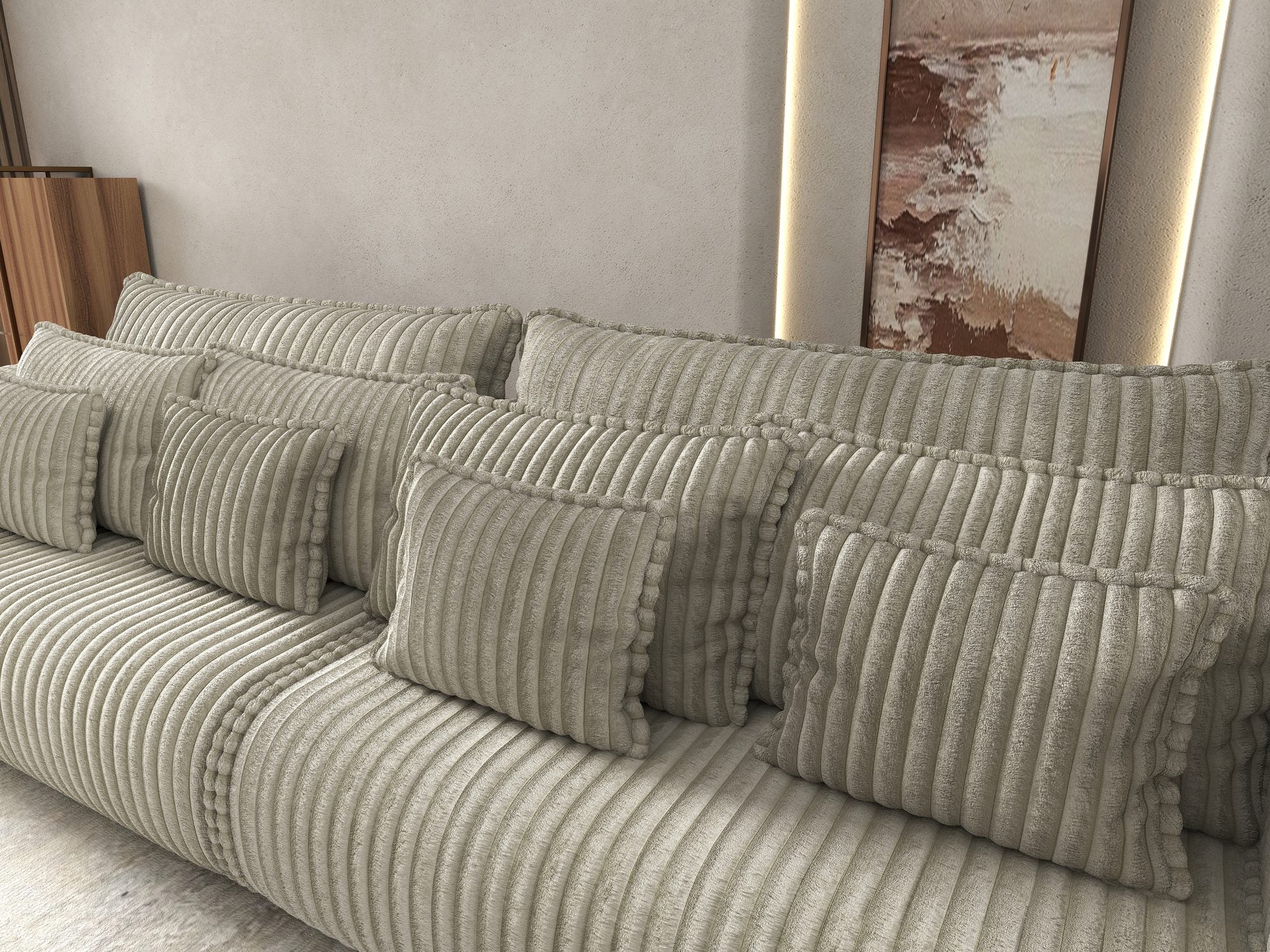 Canapea extensibilă dumonde cu ladă de depozitare si sezut confortabil din spuma high-density, Monaco Tilia Bej Inchis 300x130 cm