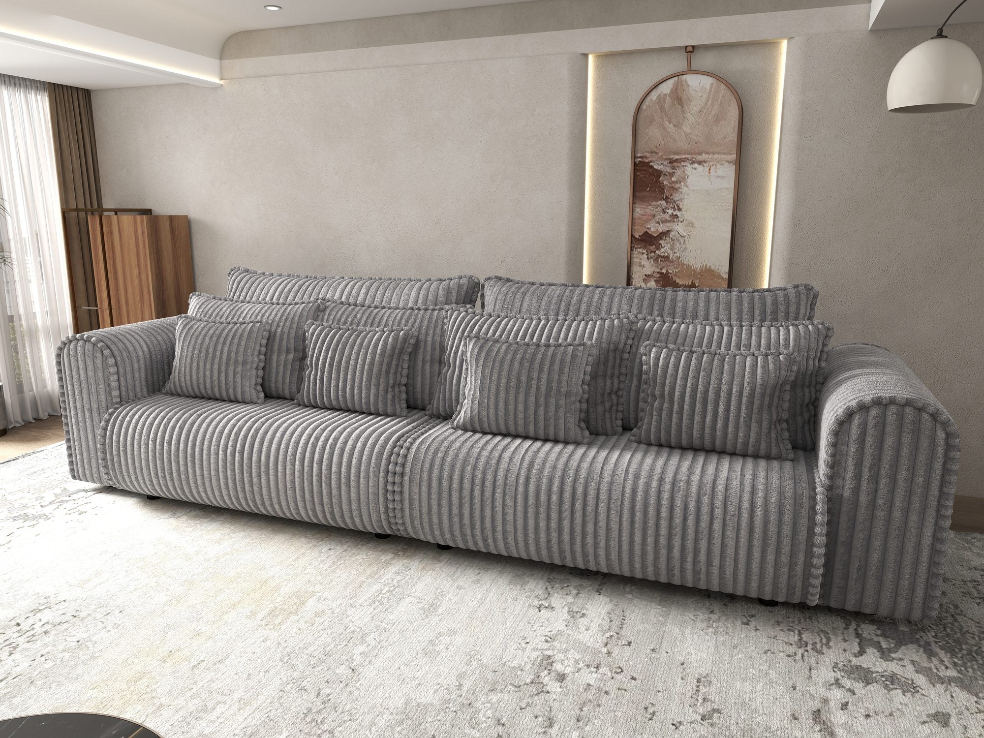 Canapea extensibilă dumonde cu ladă de depozitare si sezut confortabil din spuma high-density, Monaco Tilia Dove 300x130 cm