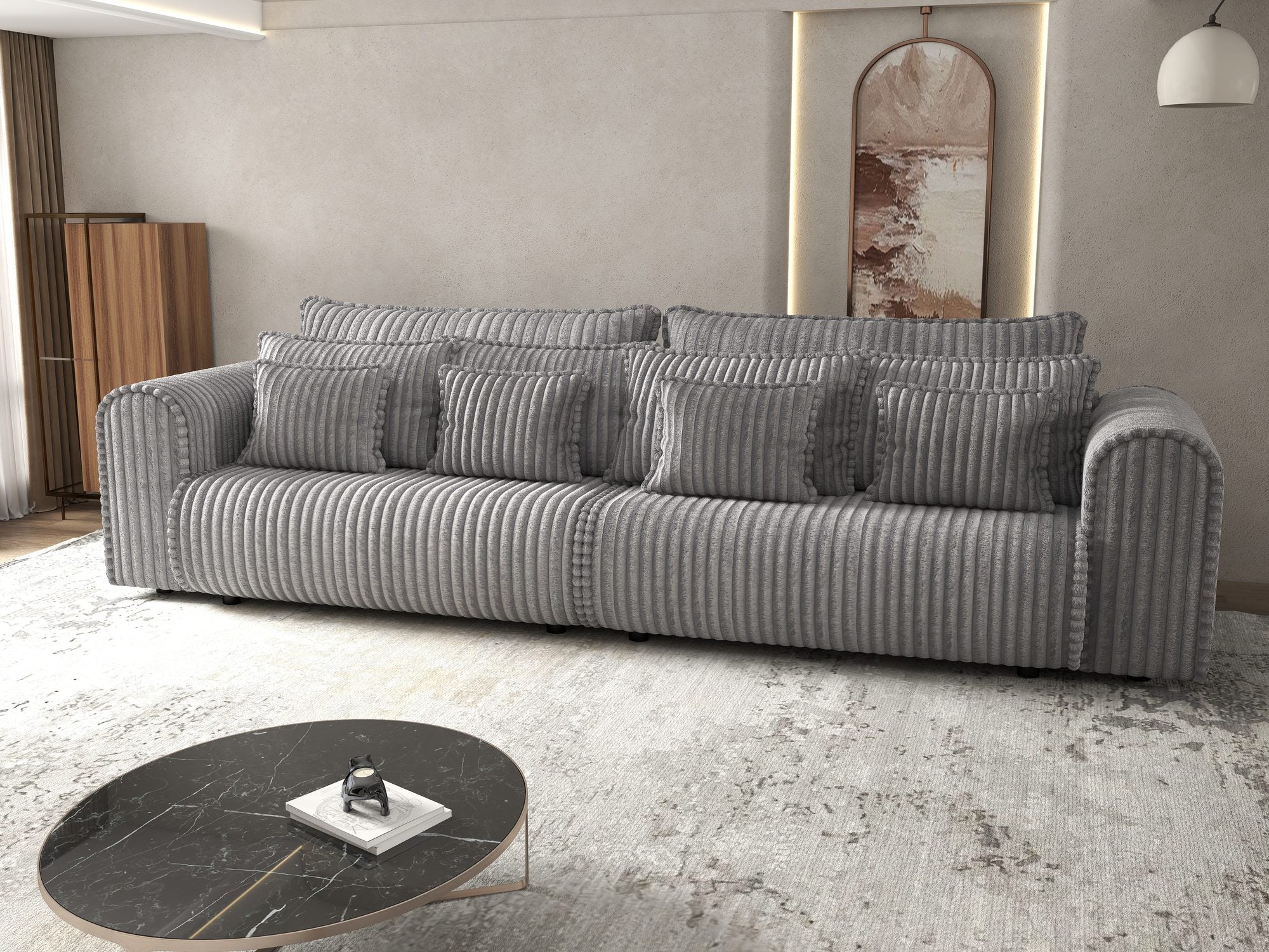 Canapea extensibilă dumonde cu ladă de depozitare si sezut confortabil din spuma high-density, Monaco Tilia Dove 300x130 cm