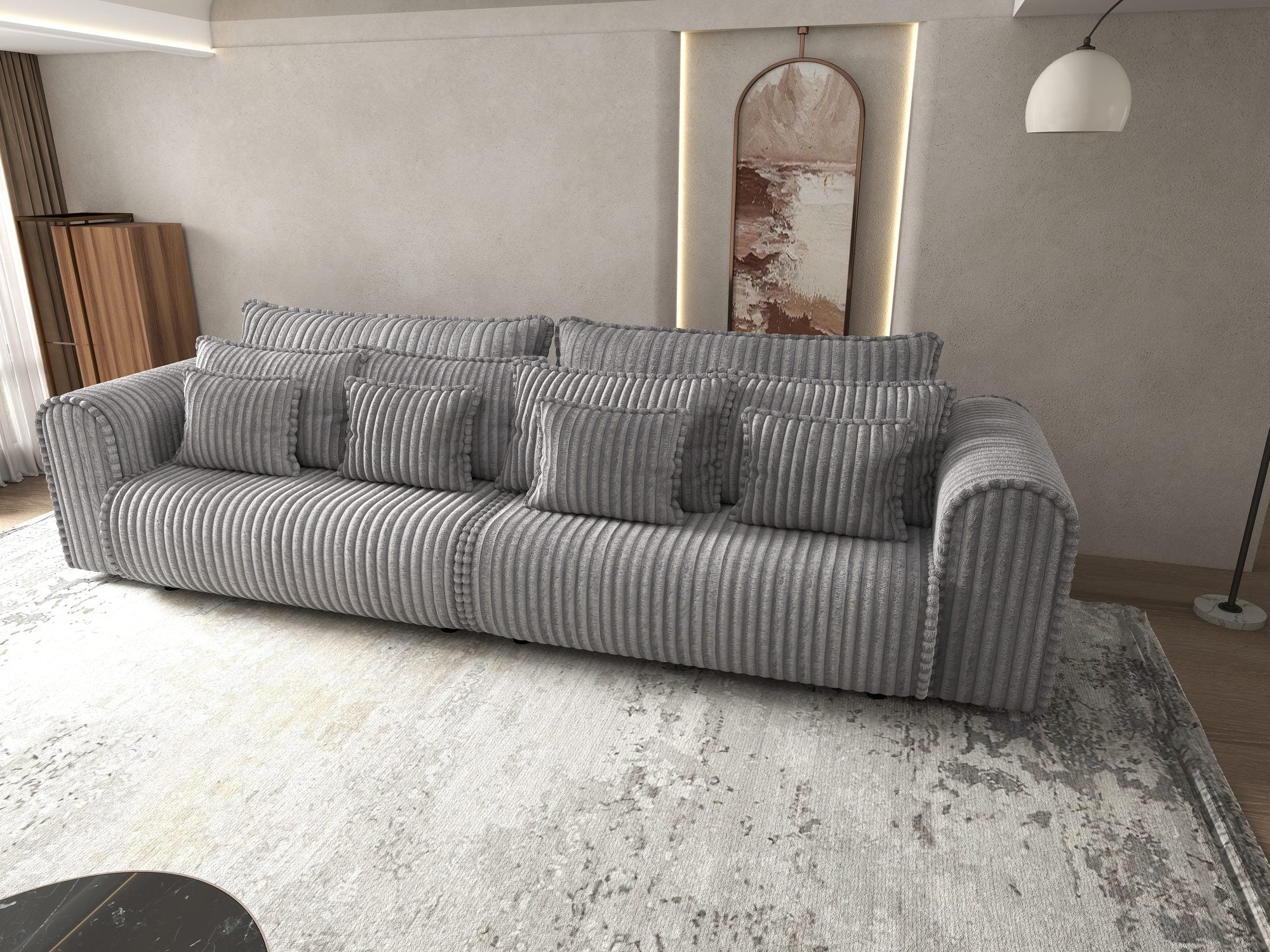 Canapea extensibilă dumonde cu ladă de depozitare si sezut confortabil din spuma high-density, Monaco Tilia Dove 300x130 cm