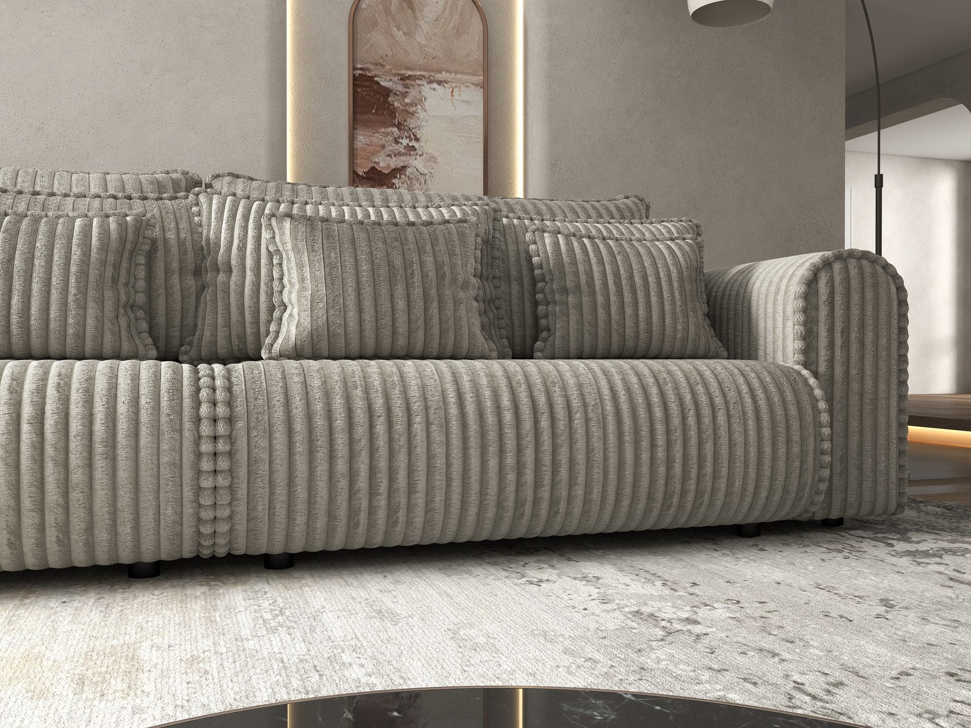 Canapea extensibilă dumonde cu ladă de depozitare si sezut confortabil din spuma high-density, Monaco Tilia Gri-Bej 300x130 cm