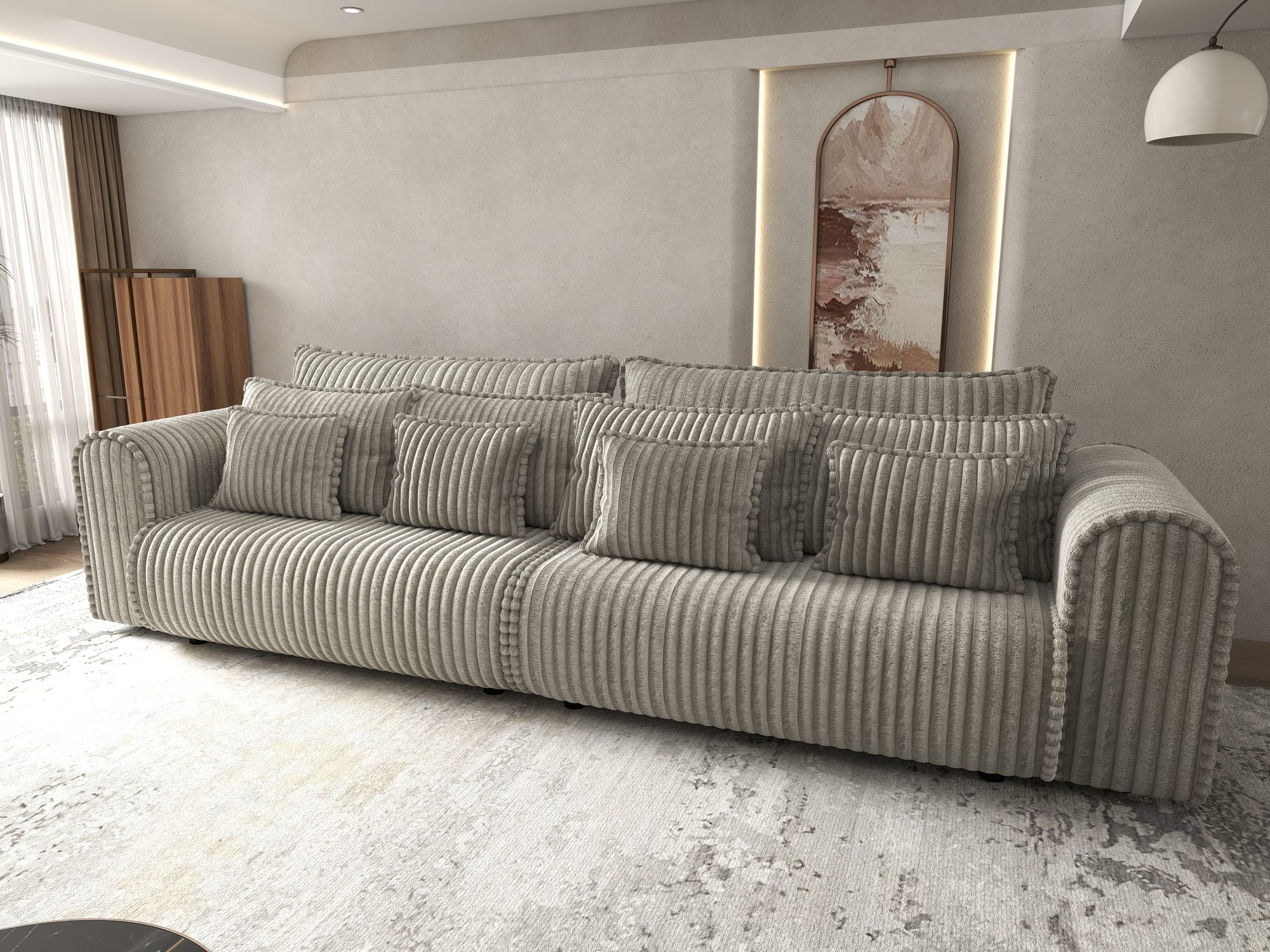 Canapea extensibilă dumonde cu ladă de depozitare si sezut confortabil din spuma high-density, Monaco Tilia Gri-Bej 300x130 cm