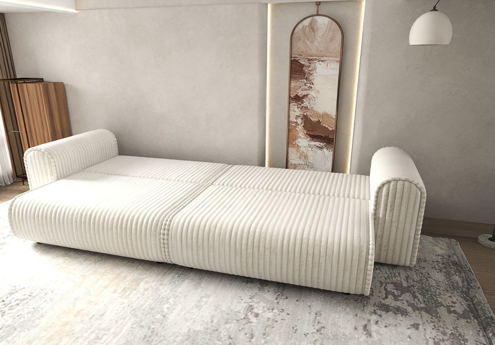 Canapea extensibilă dumonde cu ladă de depozitare si sezut confortabil din spuma high-density, Monaco Tilia Gri-Bej 300x130 cm