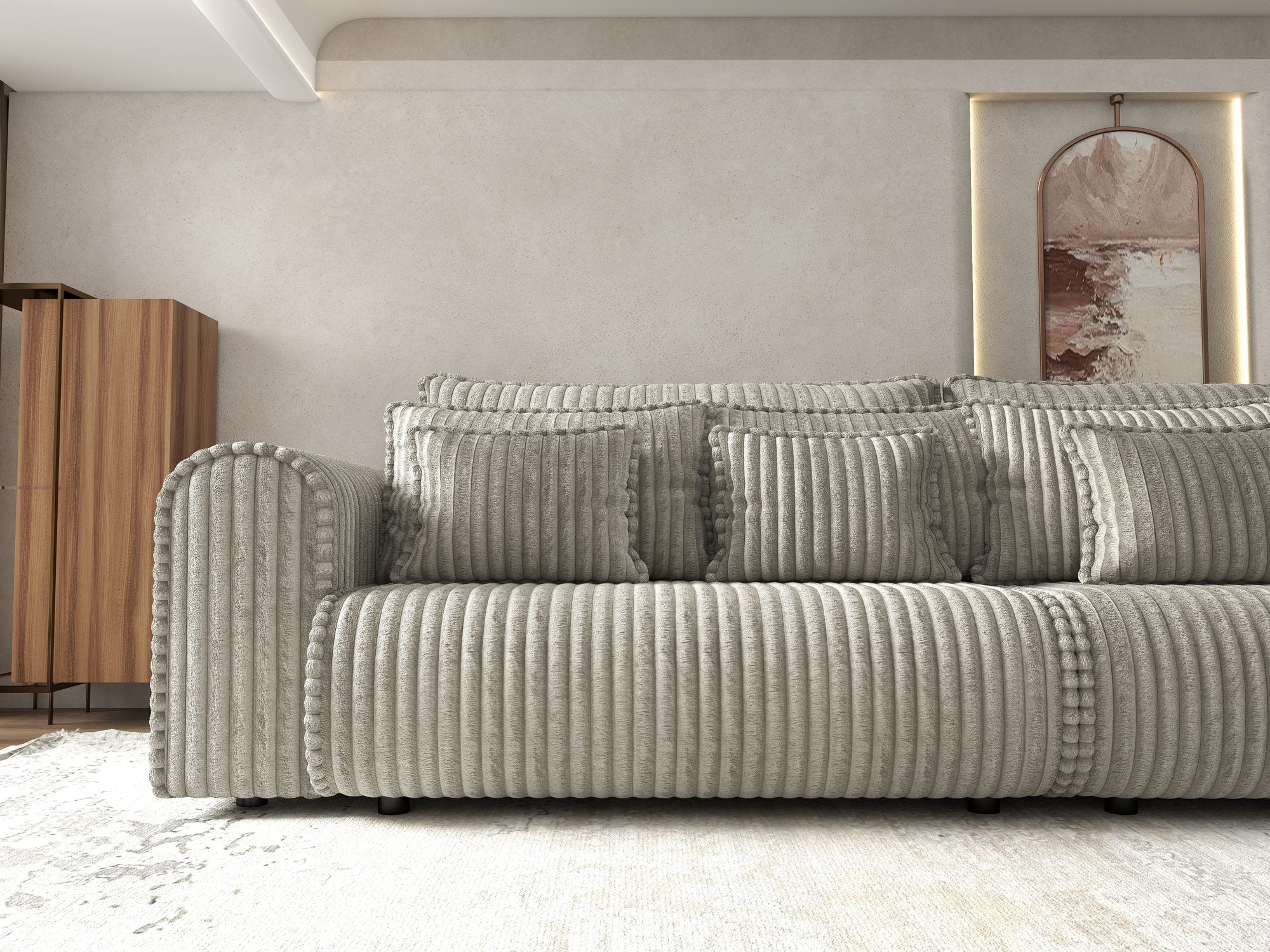 Canapea extensibilă dumonde cu ladă de depozitare si sezut confortabil din spuma high-density, Monaco Tilia Gri-Bej 300x130 cm