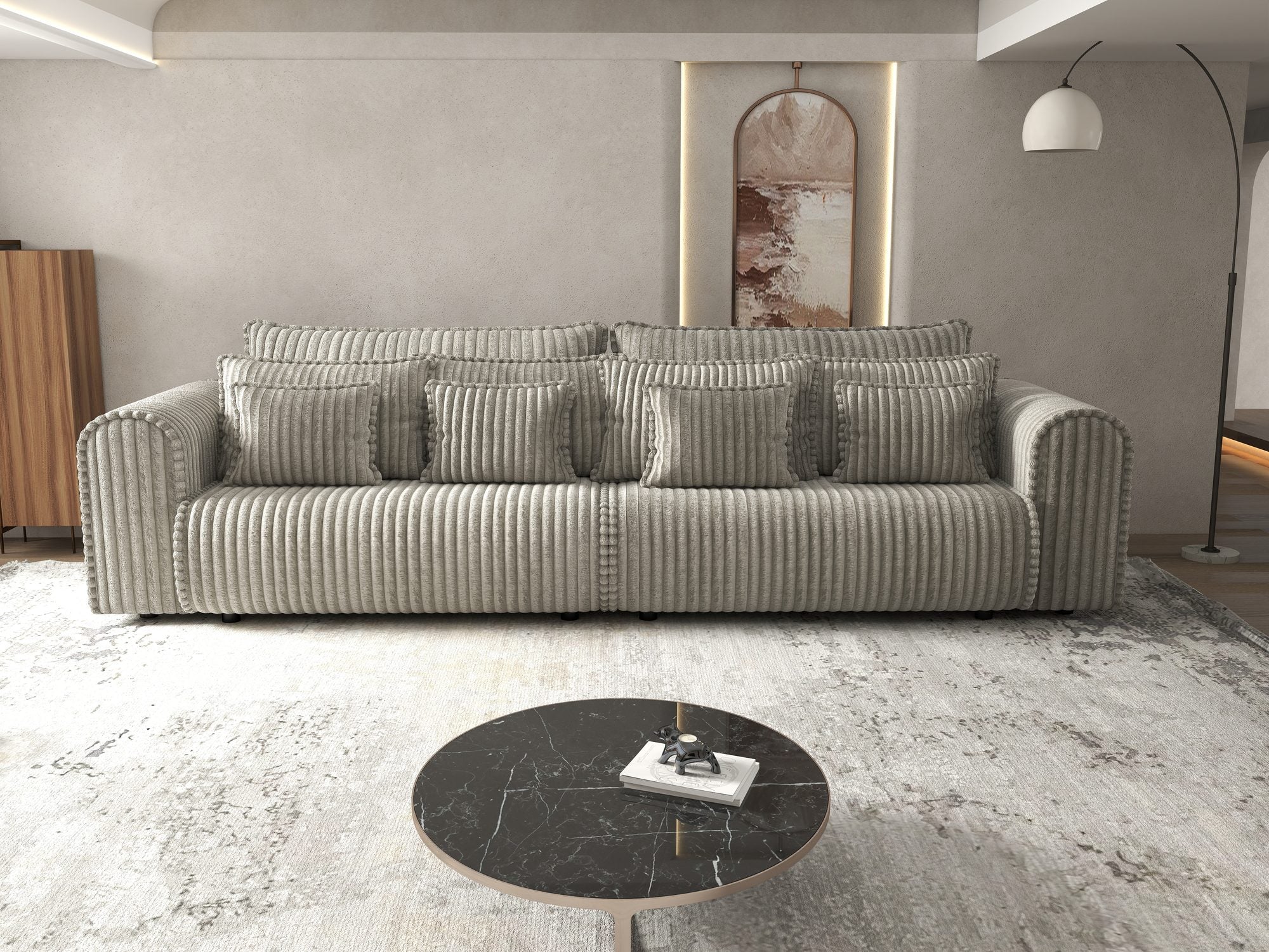 Canapea extensibilă dumonde cu ladă de depozitare si sezut confortabil din spuma high-density, Monaco Tilia Gri-Bej 300x130 cm