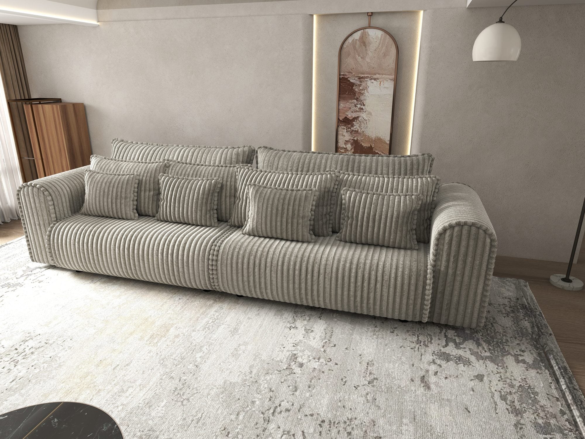 Canapea extensibilă dumonde cu ladă de depozitare si sezut confortabil din spuma high-density, Monaco Tilia Gri-Bej 300x130 cm