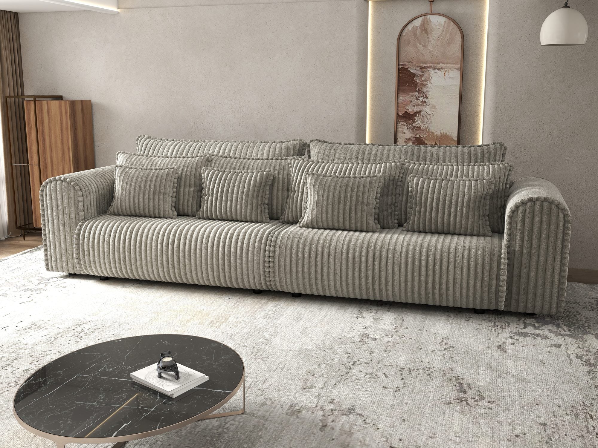 Canapea extensibilă dumonde cu ladă de depozitare si sezut confortabil din spuma high-density, Monaco Tilia Gri-Bej 300x130 cm