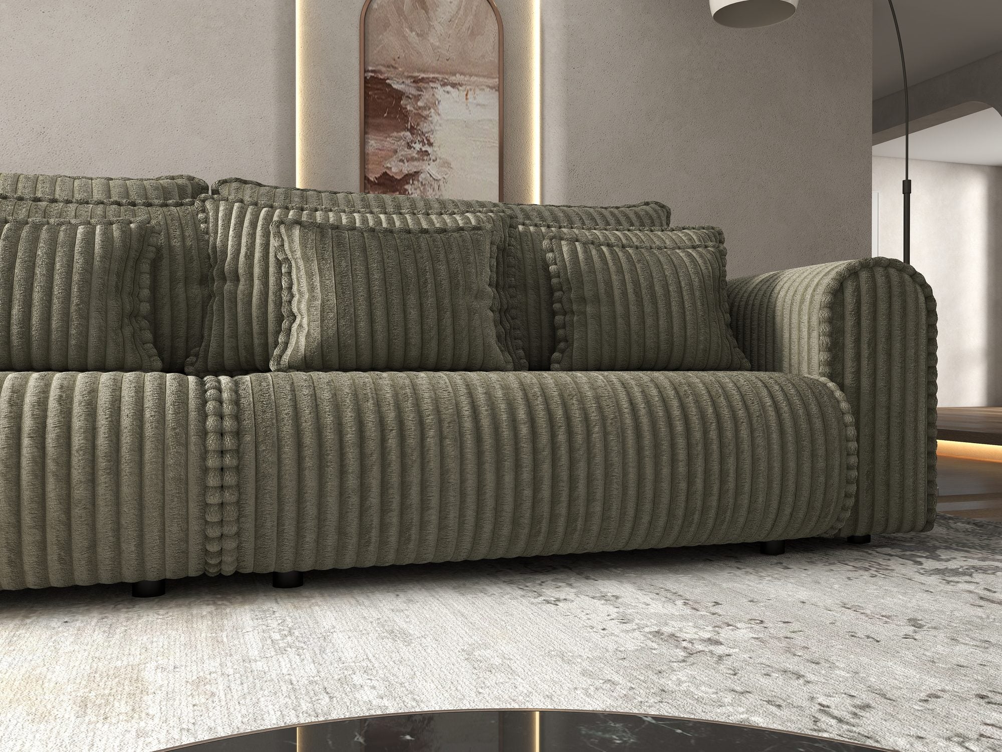 Canapea extensibilă dumonde cu ladă de depozitare si sezut confortabil din spuma high-density, Monaco Tilia Verde Olive 300x130 cm