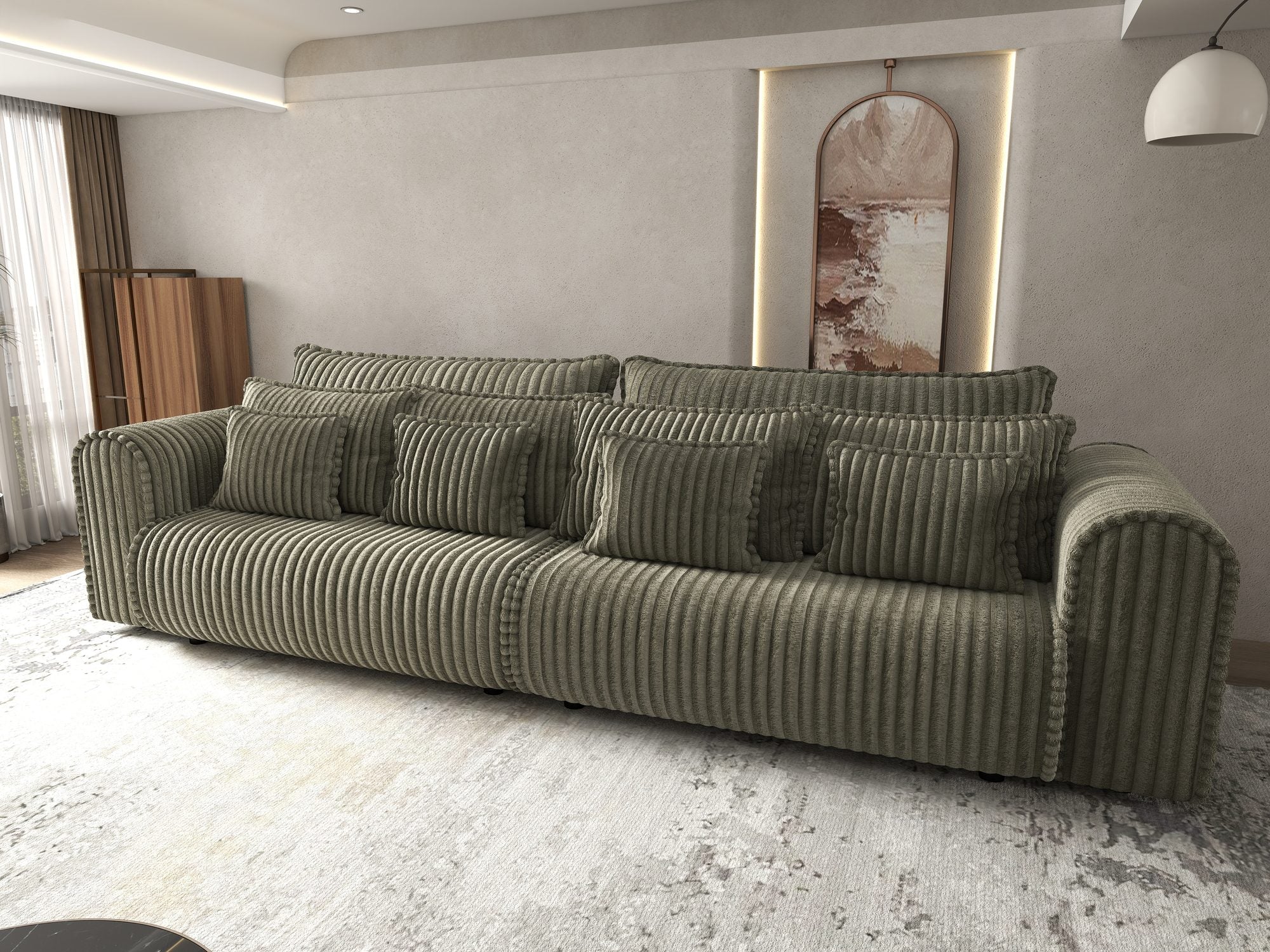 Canapea extensibilă dumonde cu ladă de depozitare si sezut confortabil din spuma high-density, Monaco Tilia Verde Olive 300x130 cm