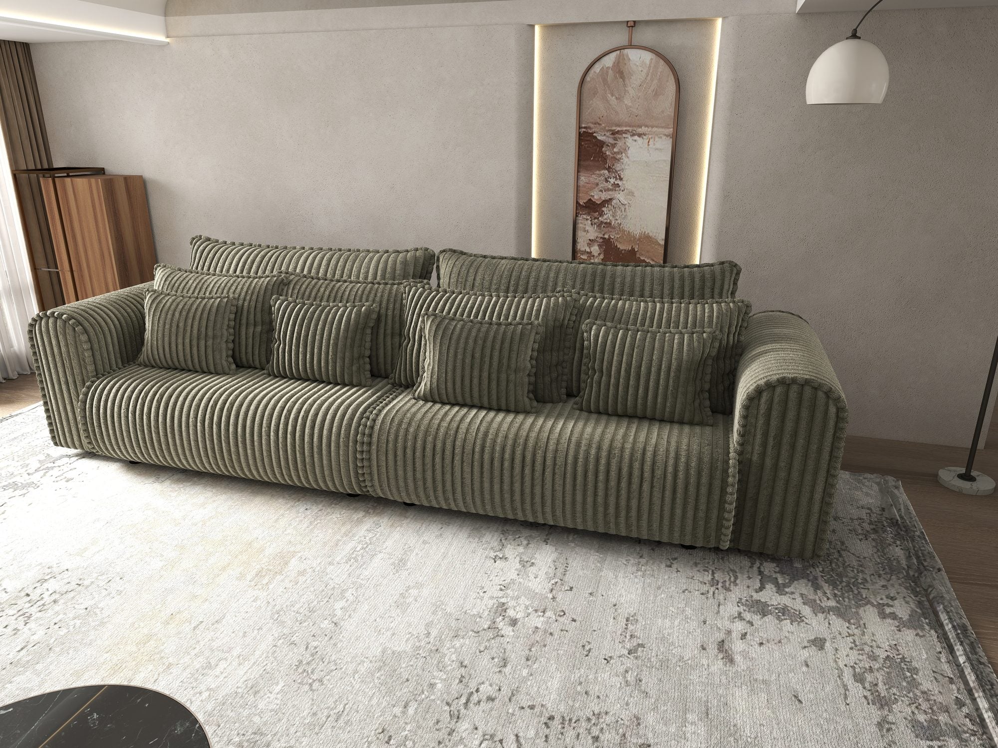 Canapea extensibilă dumonde cu ladă de depozitare si sezut confortabil din spuma high-density, Monaco Tilia Verde Olive 300x130 cm