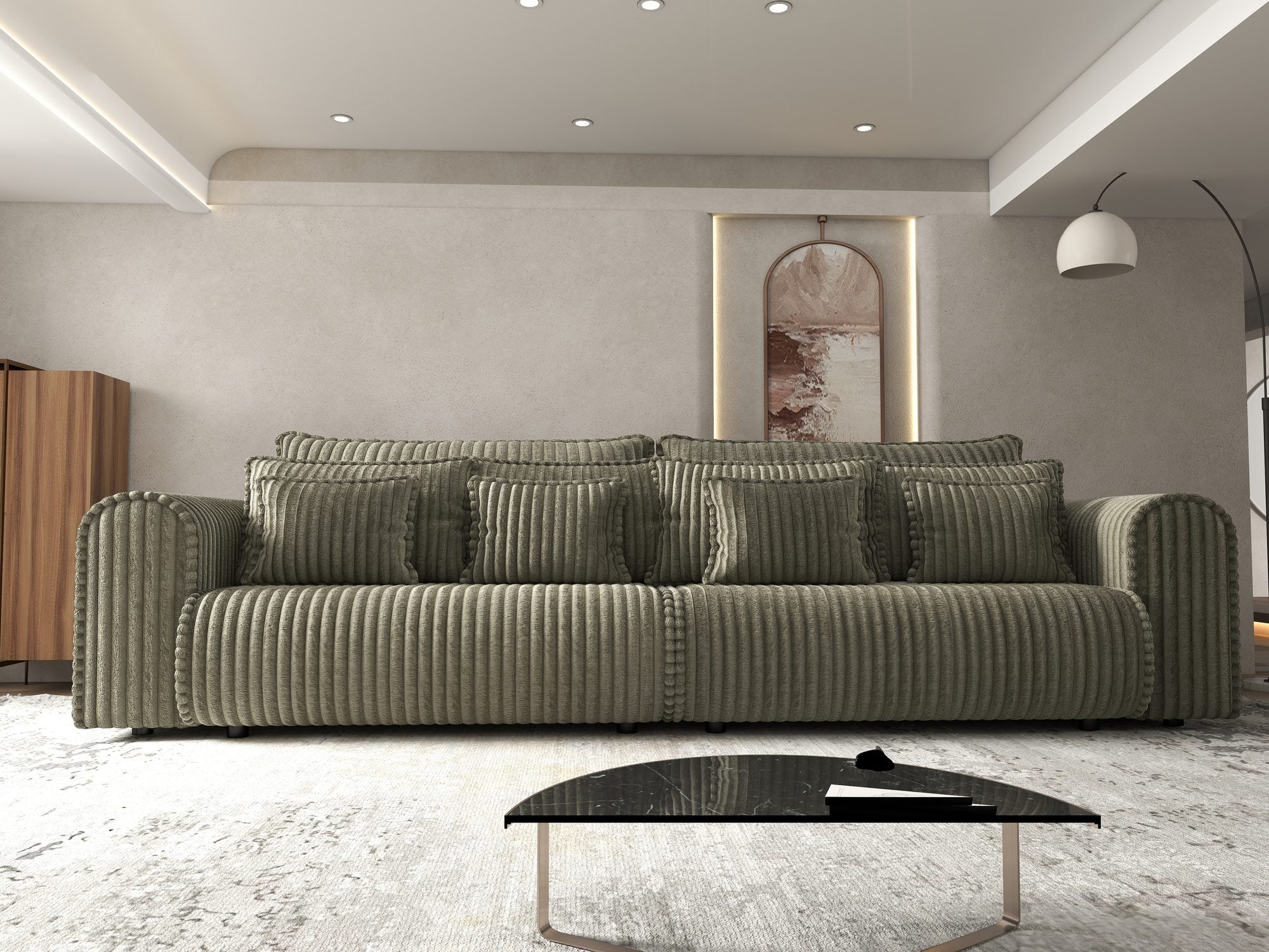 Canapea extensibilă dumonde cu ladă de depozitare si sezut confortabil din spuma high-density, Monaco Tilia Verde Olive 300x130 cm