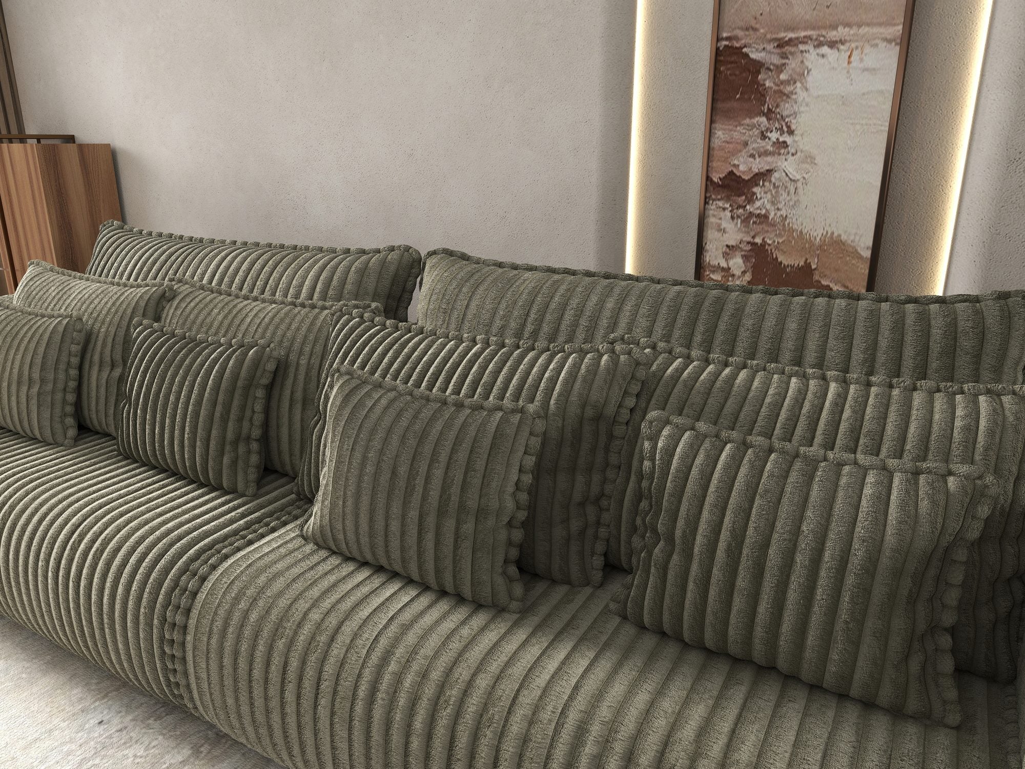 Canapea extensibilă dumonde cu ladă de depozitare si sezut confortabil din spuma high-density, Monaco Tilia Verde Olive 300x130 cm