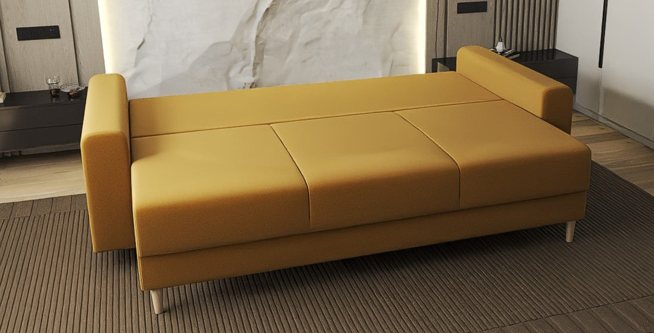 Canapea extensibilă dumonde cu ladă de depozitare si sezut confortabil din spuma HR, Kronos Royal Mustar 210x100 cm fabrica