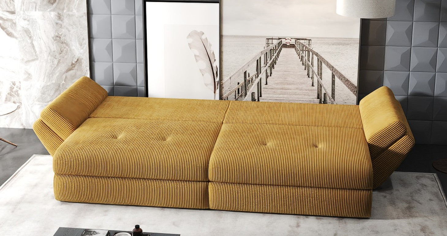 Canapea extensibilă dumonde cu ladă de depozitare si sezut confortabil din spuma HR, Loana Zoom Mustar 300x100 cm Fabrica