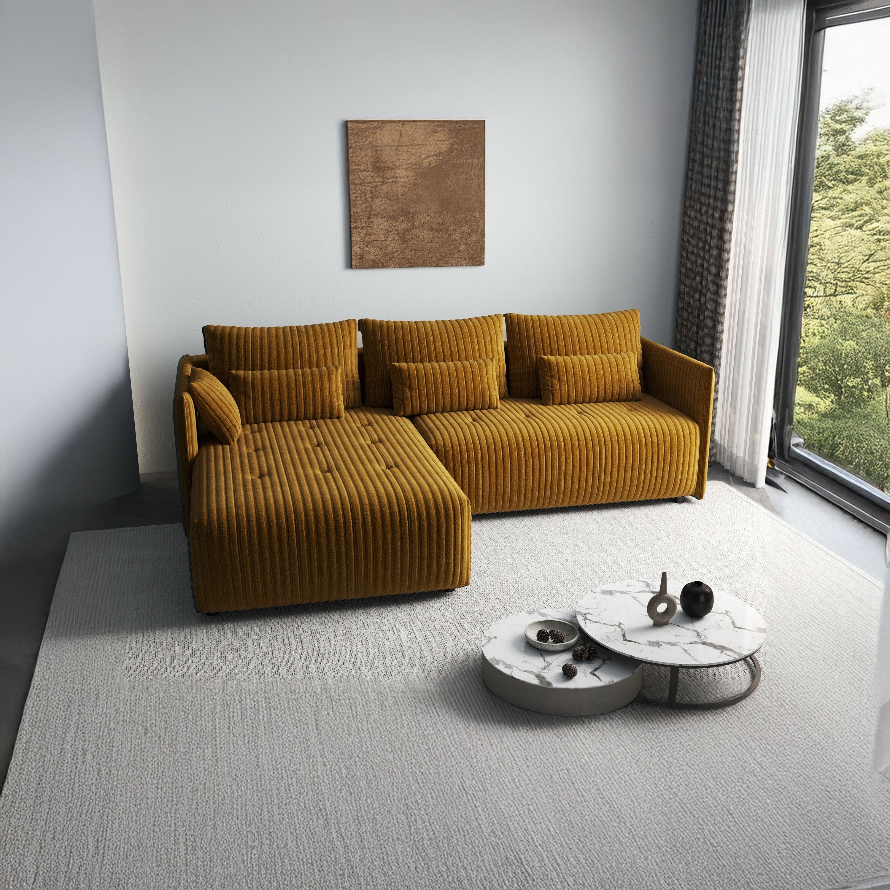 Colțar extensibil dumonde cu ladă de depozitare si sezut confortabil din spuma HR, Malta Ambience Mustard 235x185 cm Fabrica