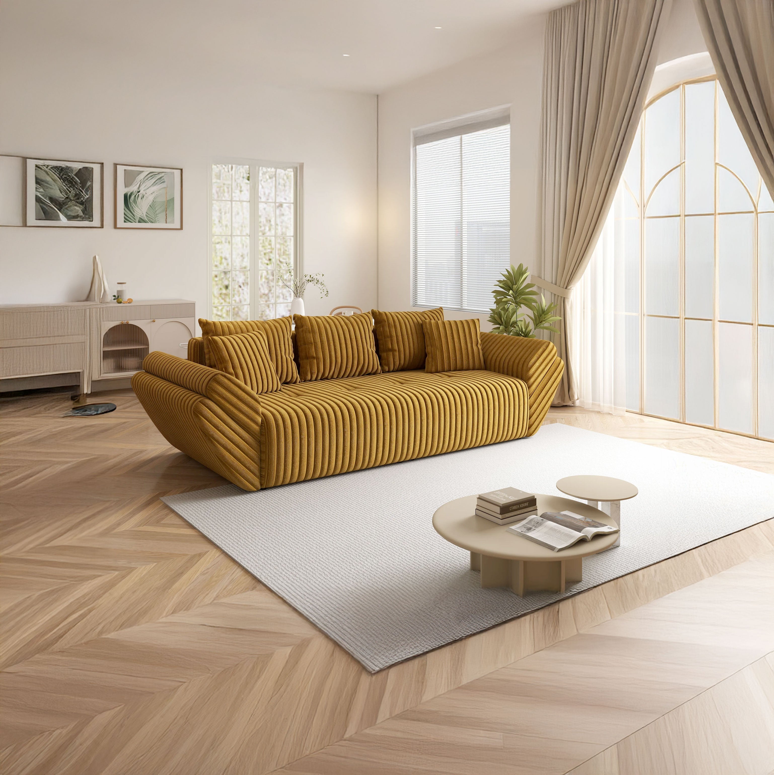 Canapea extensibilă dumonde cu ladă de depozitare si sezut confortabil din spuma HR, Berlin Ambience Mustar 250x100 cm Fabrica