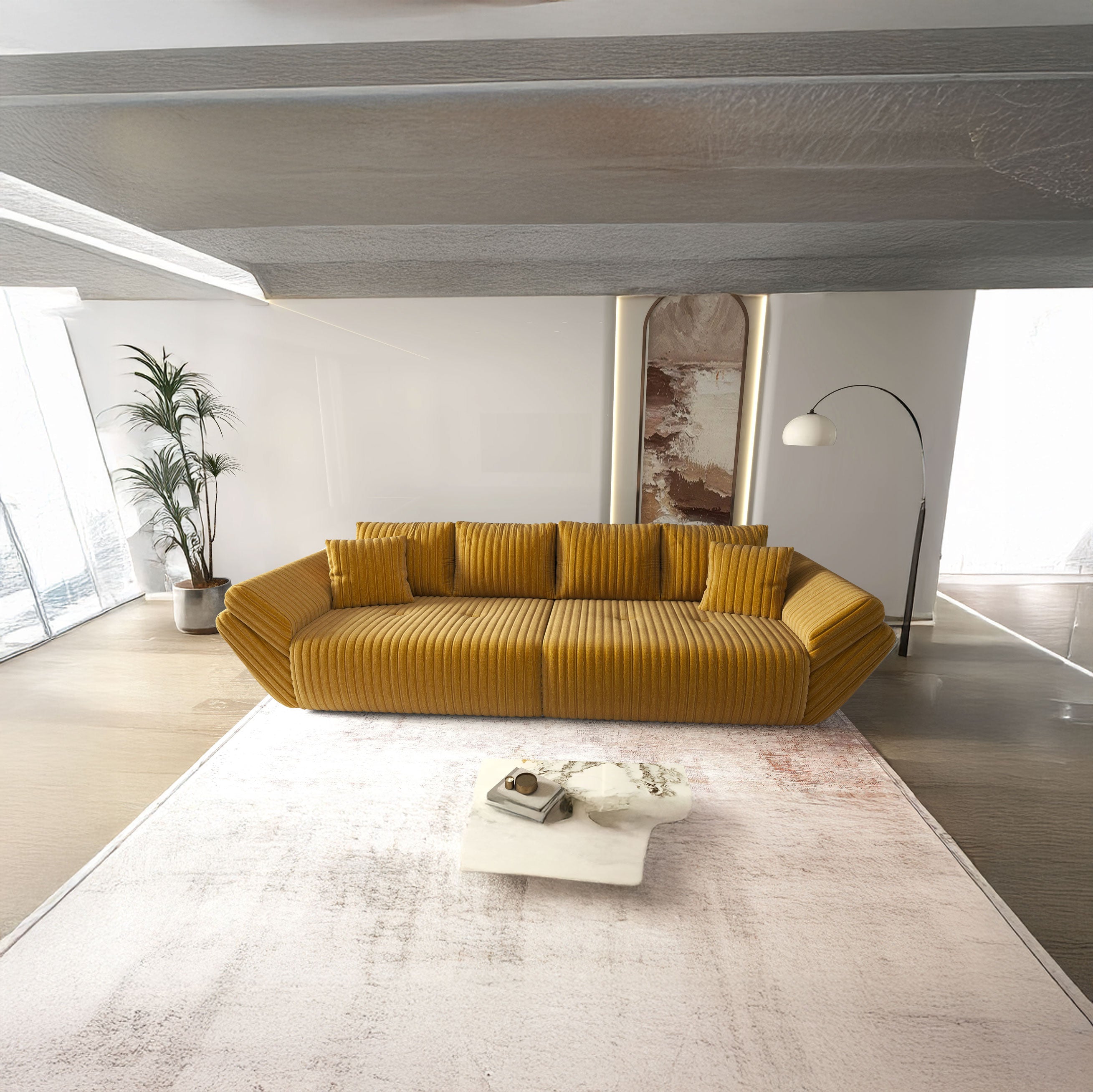 Canapea extensibilă dumonde cu ladă de depozitare si sezut confortabil din spuma HR, Berlin Ambience Mustar 300x100 cm Fabrica