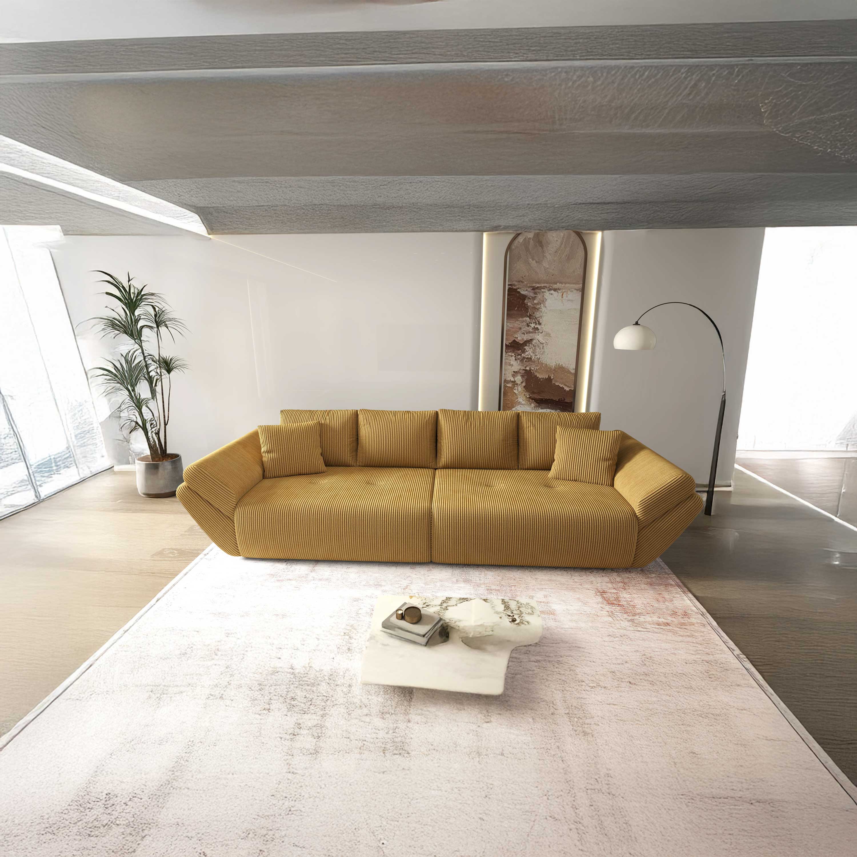 Canapea extensibilă dumonde cu ladă de depozitare si sezut confortabil din spuma HR, Berlin Zoom Mustar 300x100 cm Fabrica