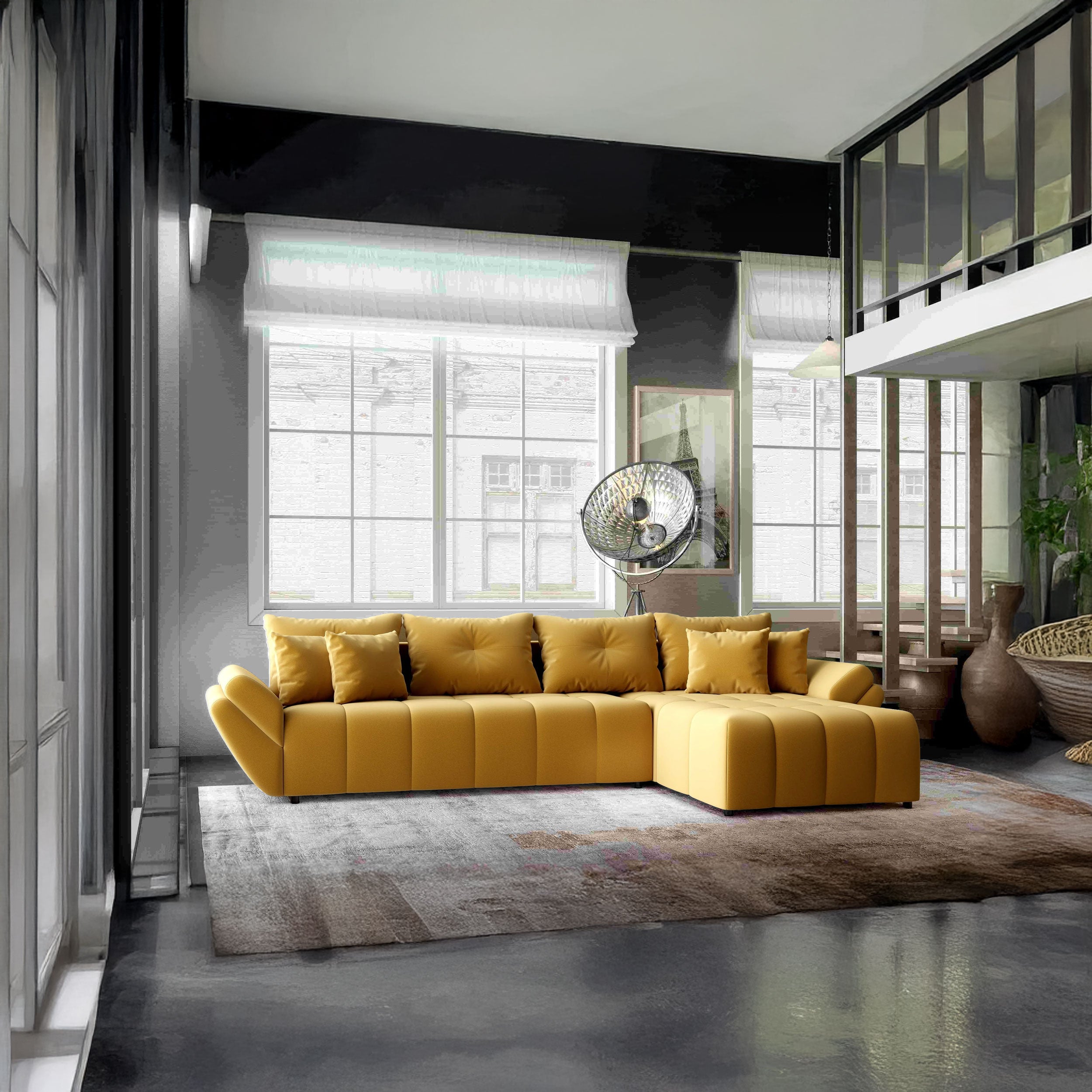 Colțar extensibil dumonde cu ladă de depozitare si sezut confortabil din spuma HR, Berlin XL Royal Mustar 350x185 cm II Fabrica