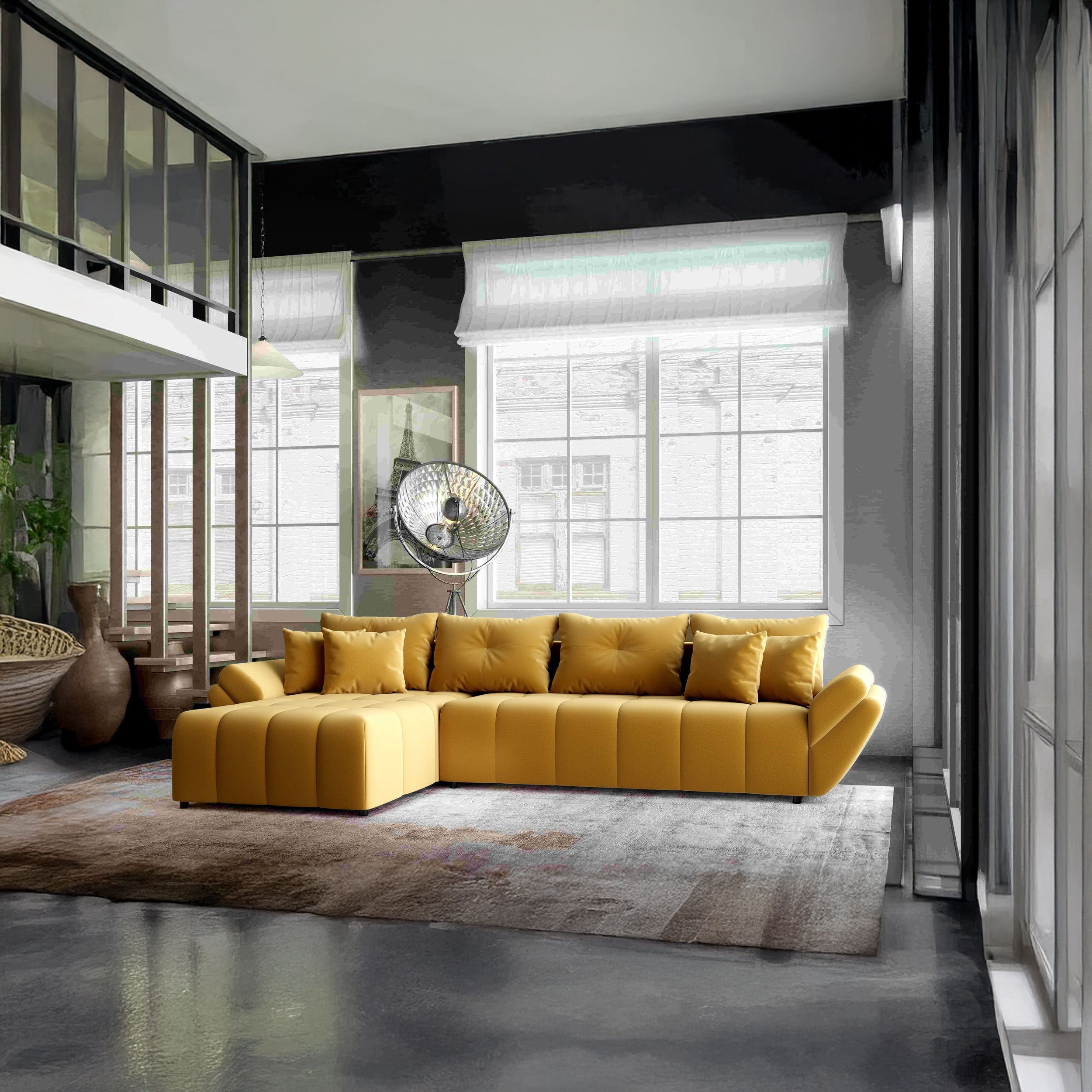 Colțar extensibil dumonde cu ladă de depozitare si sezut confortabil din spuma HR, Berlin XL Royal Mustar 350x185 cm Fabrica