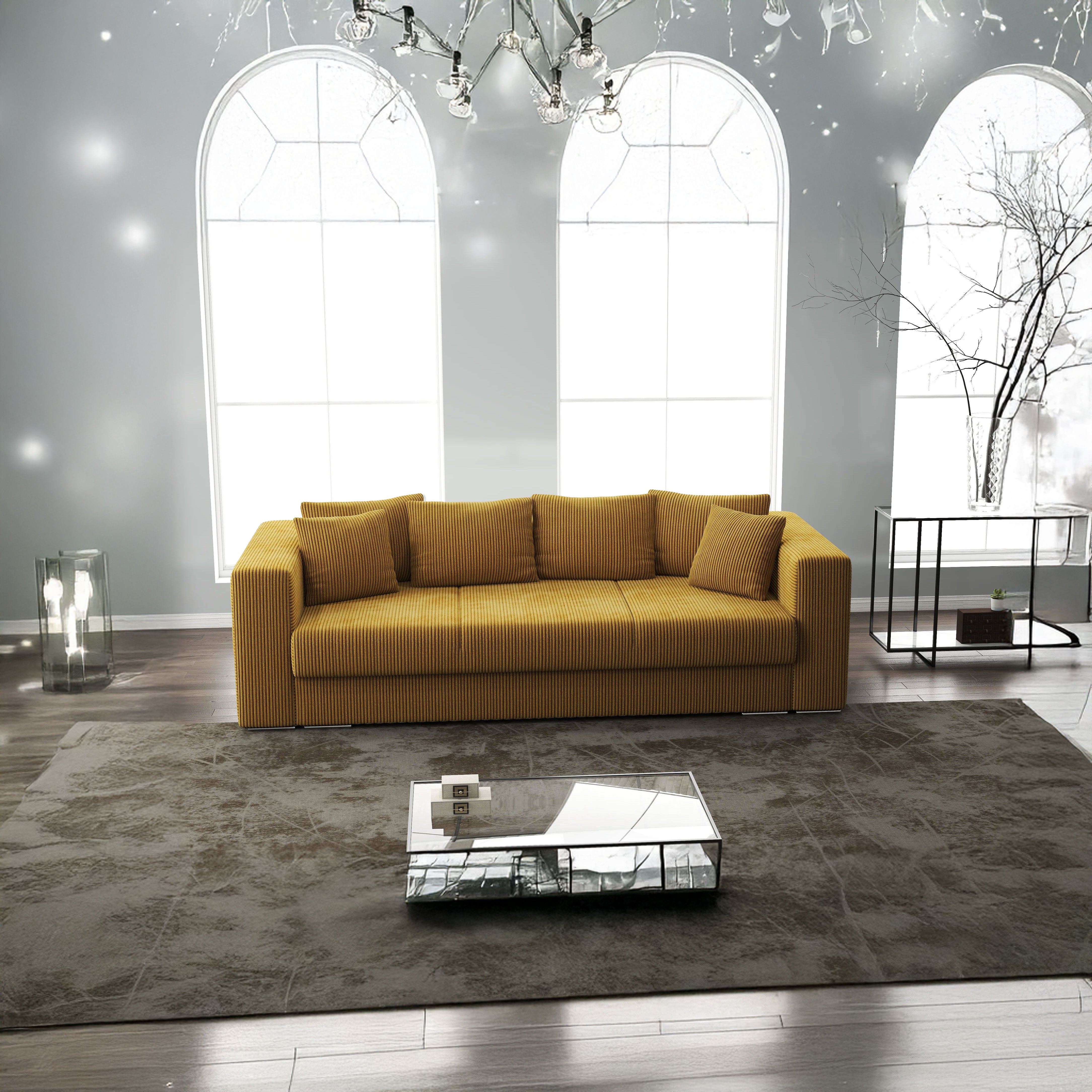 Canapea extensibilă dumonde cu ladă de depozitare si sezut confortabil din spuma HR, Gloria Zoom Mustar 240x100 cm Fabrica