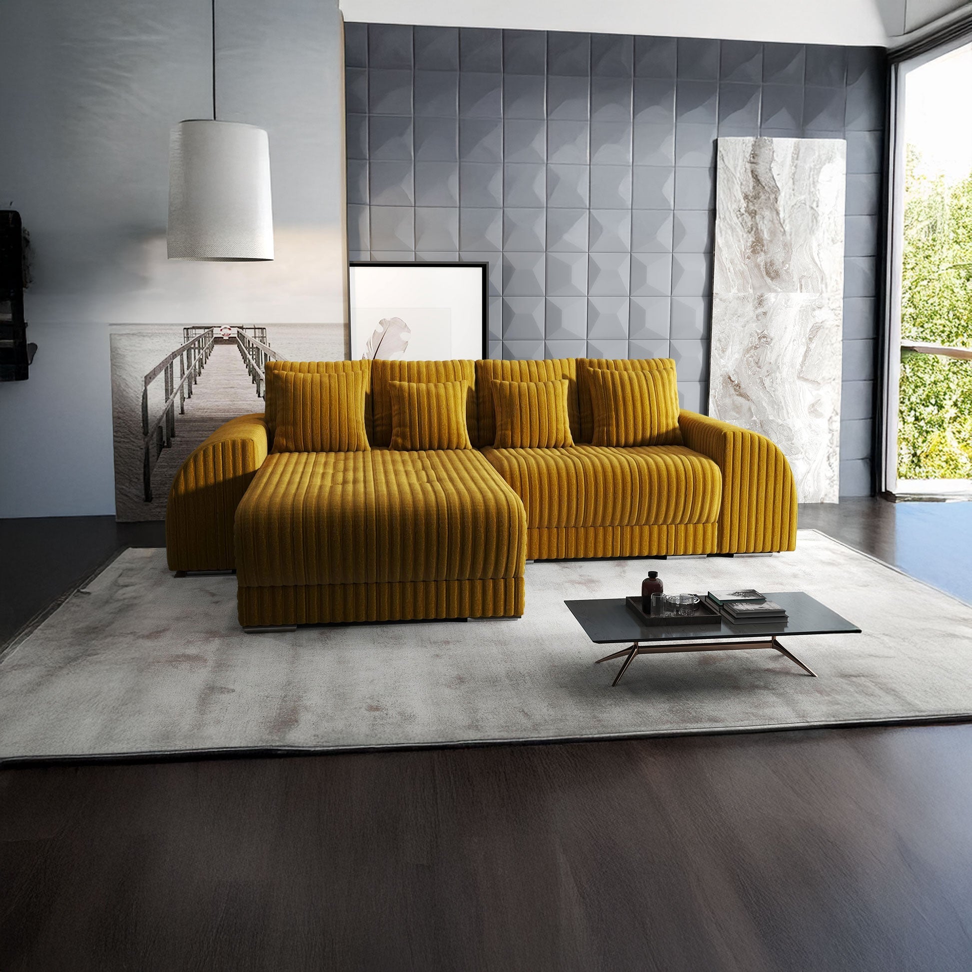 Colțar extensibil dumonde cu ladă de depozitare si sezut confortabil din spuma HR, Verona Ambience Mustar 290x185 cm Fabrica