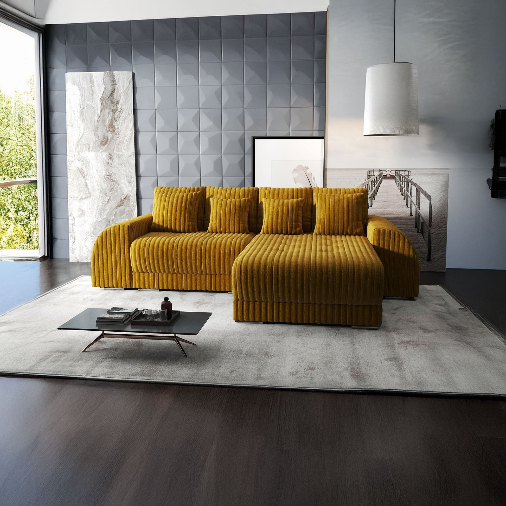 Colțar extensibil dumonde cu ladă de depozitare si sezut confortabil din spuma HR, Verona Ambience Mustar II 290x185 cm Fabrica