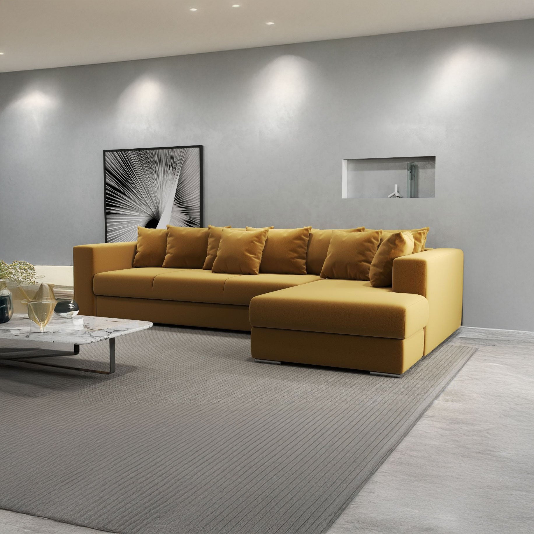 Colțar extensibil dumonde cu ladă de depozitare si sezut confortabil din spuma HR, Gloria Mustar Royal II 320x183 cm Fabrica