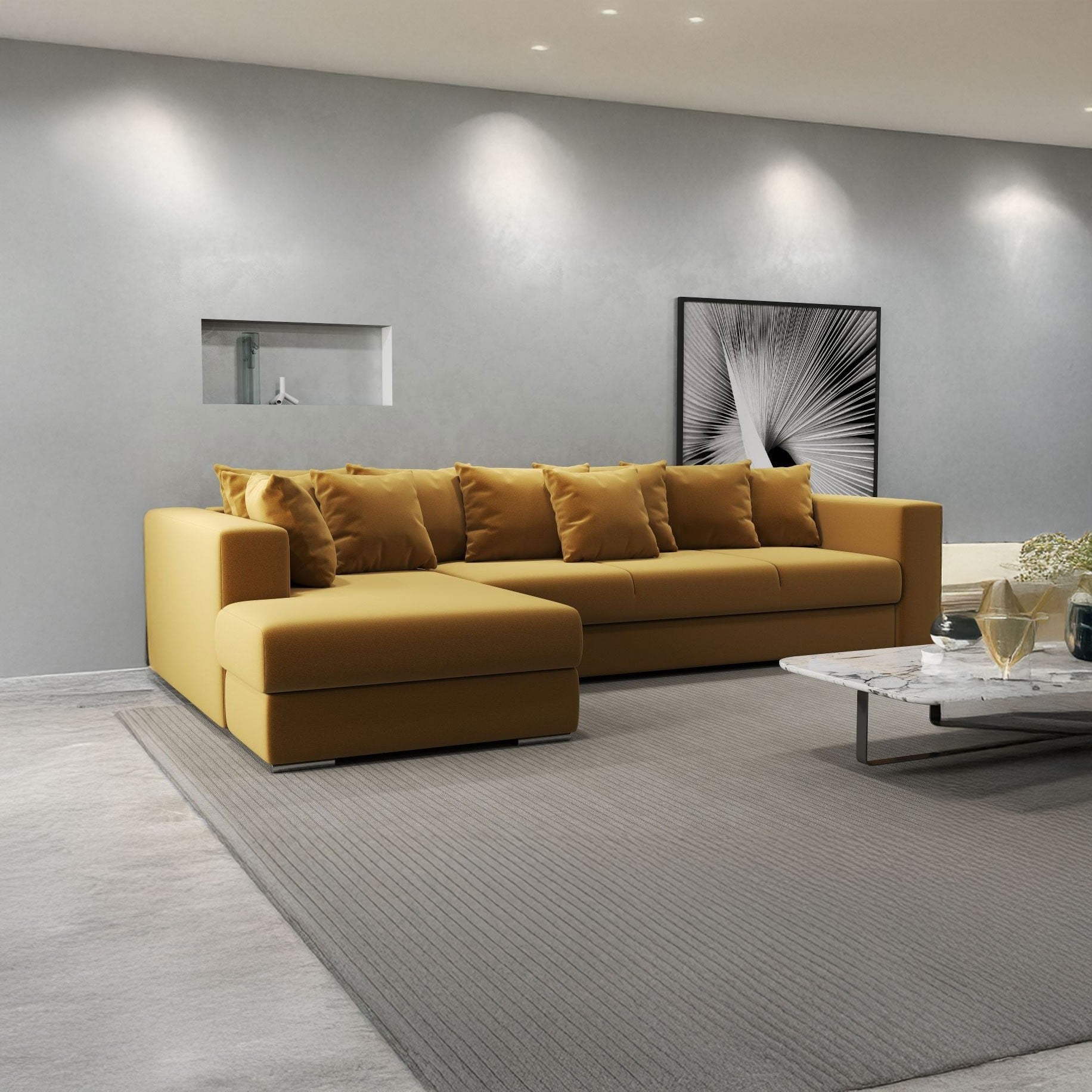 Colțar extensibil dumonde cu ladă de depozitare si sezut confortabil din spuma HR, Gloria Mustar Royal 320x183 cm Fabrica