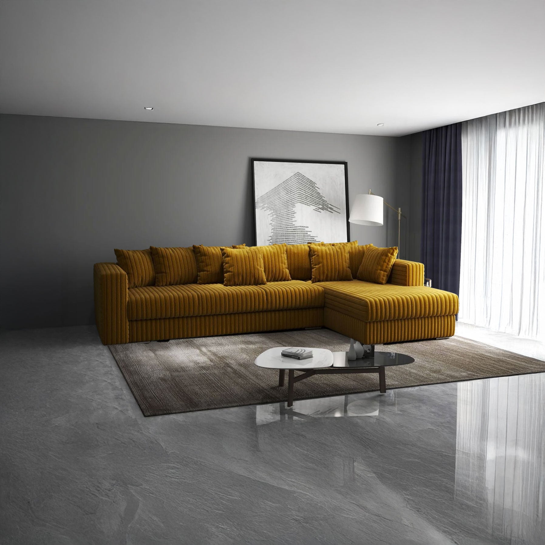 Colțar extensibil dumonde cu ladă de depozitare si sezut confortabil din spuma HR, Gloria Mustar Ambience II 320x183 cm Fabrica