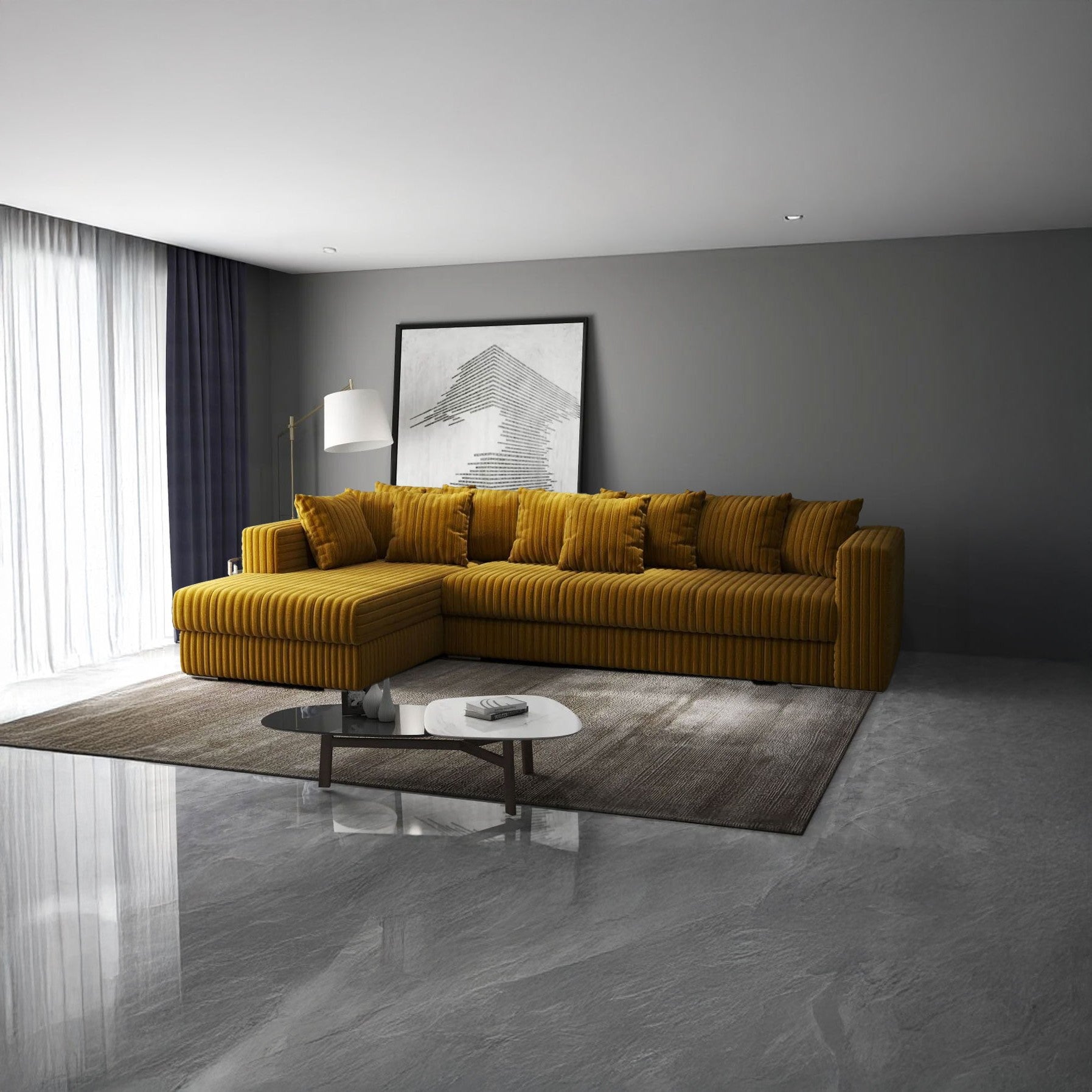 Colțar extensibil dumonde cu ladă de depozitare si sezut confortabil din spuma HR, Gloria Mustar Ambience 320x183 cm Fabrica