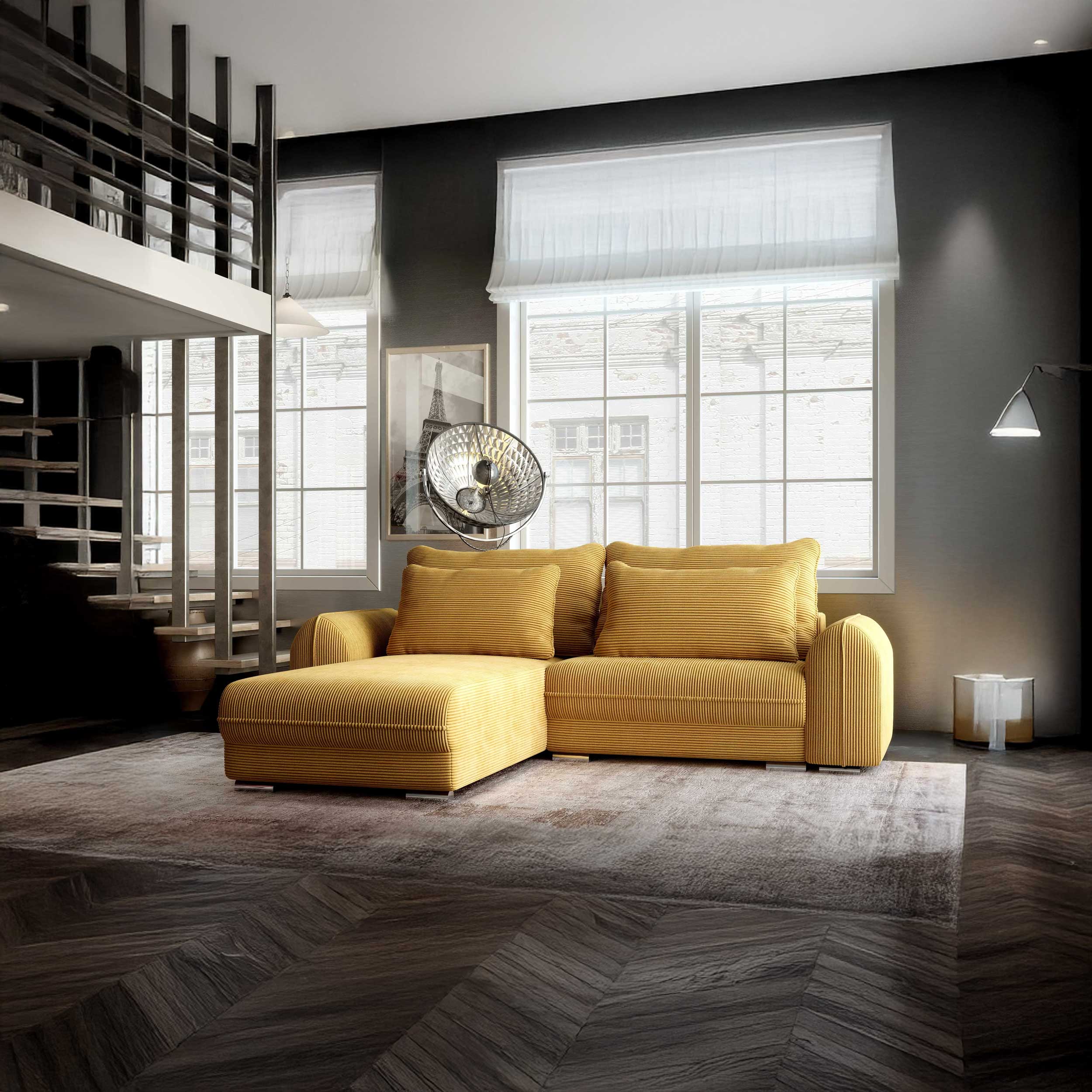 Colțar extensibil dumonde cu ladă de depozitare si sezut confortabil din spuma HR, Denver Zoom Mustar 275x185 cm II Fabrica