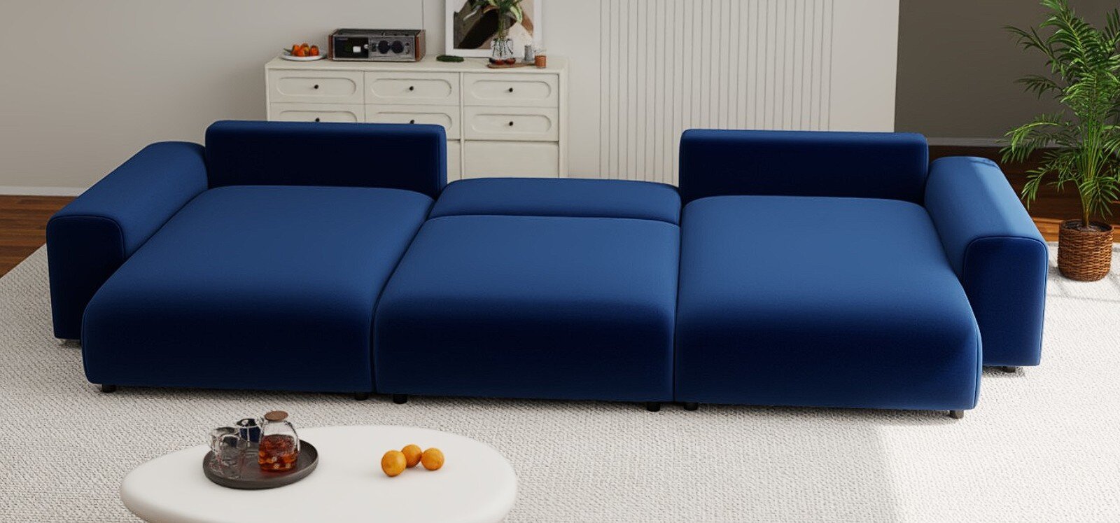 Colțar extensibil dumonde cu ladă de depozitare si sezut confortabil din spuma HR, Sarina U Royal Albastru Navy 350x168 cm