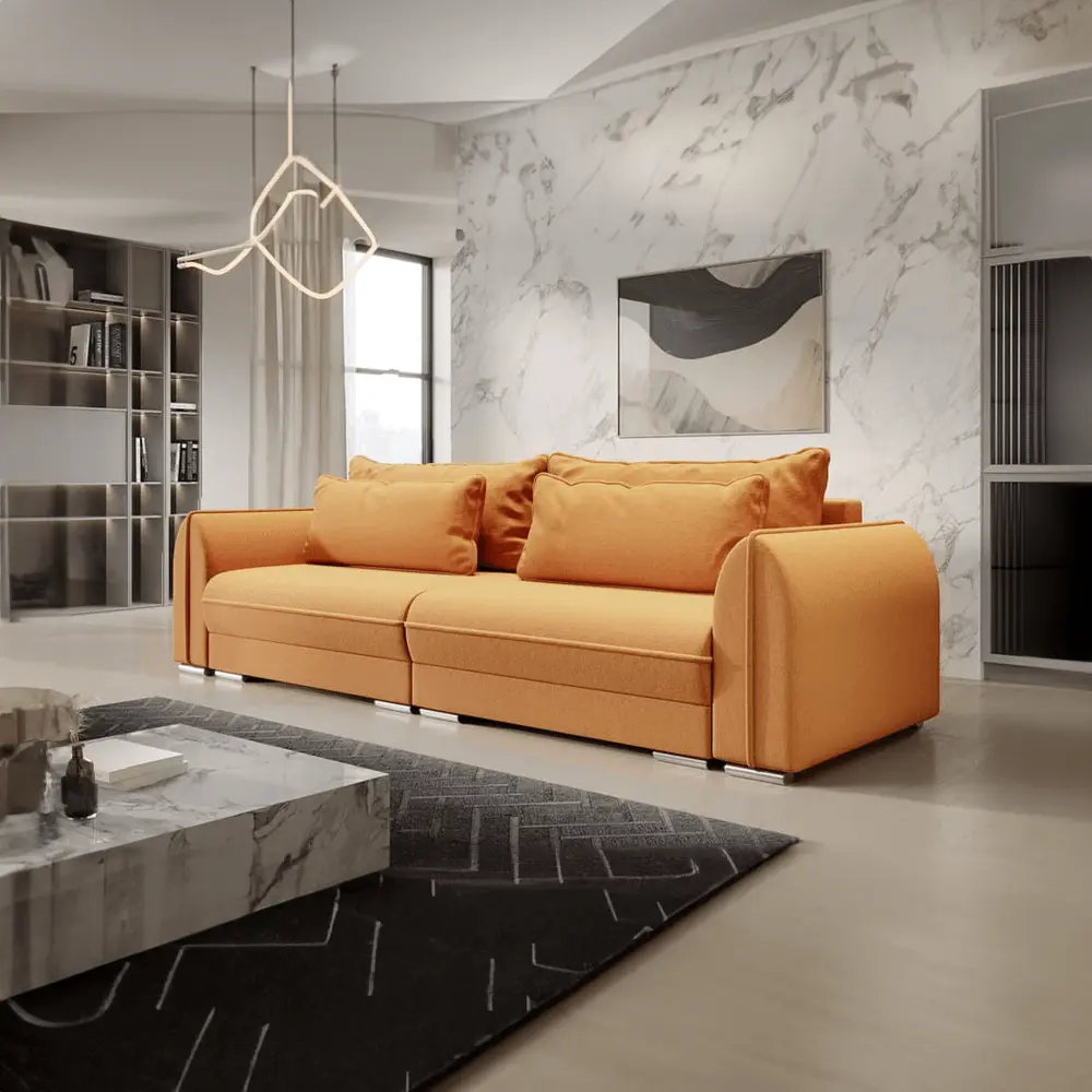 Canapea extensibilă dumonde cu ladă de depozitare si sezut confortabil din spuma HR, Denver Enjoy Mango 300x100 cm Fabrica