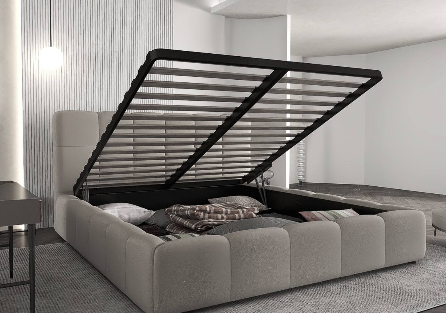 Pat dormitor dumonde, tapitat gri, Lorenzo 180X200 cm, somiera rabatabila inclusa, spatiu depozitare