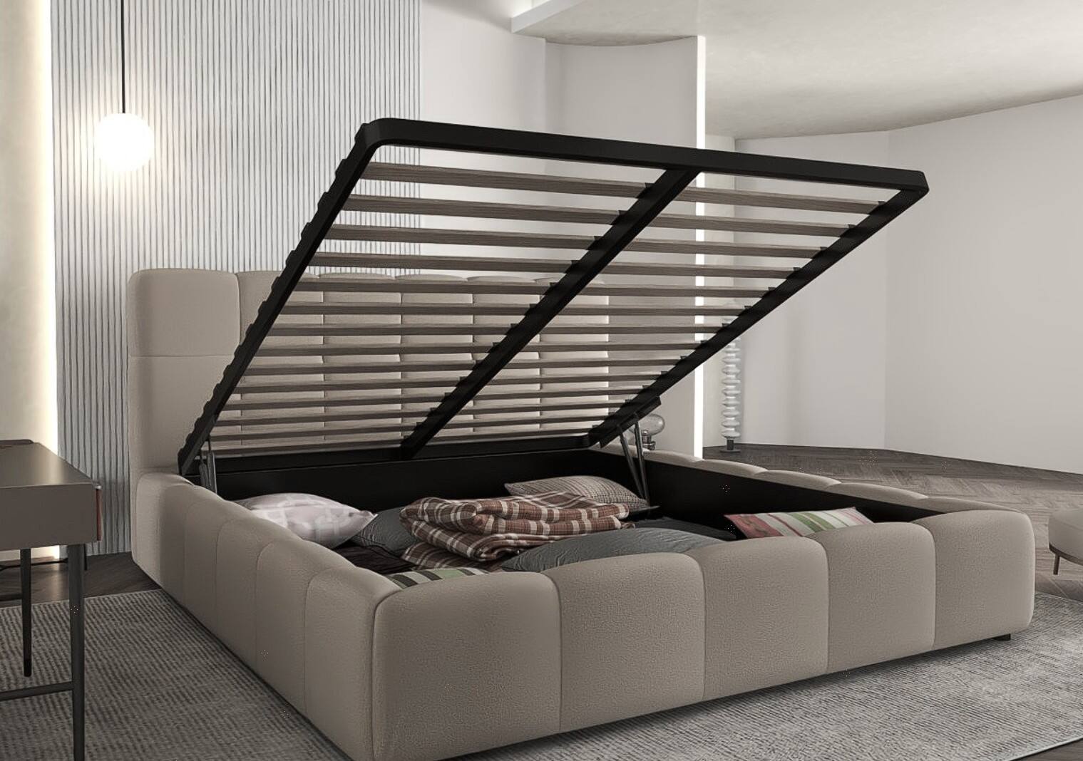 Pat dormitor dumonde, tapitat gri, Lorenzo 180X200 cm, somiera rabatabila inclusa, spatiu depozitare