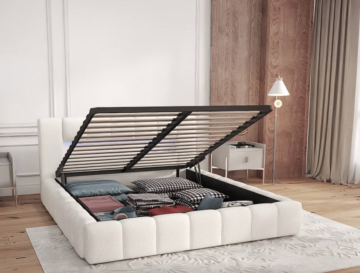 Pat dormitor dumonde, tapitat bej, Palermo 180x200 cm, somiera rabatabila inclusa, spatiu depozitare