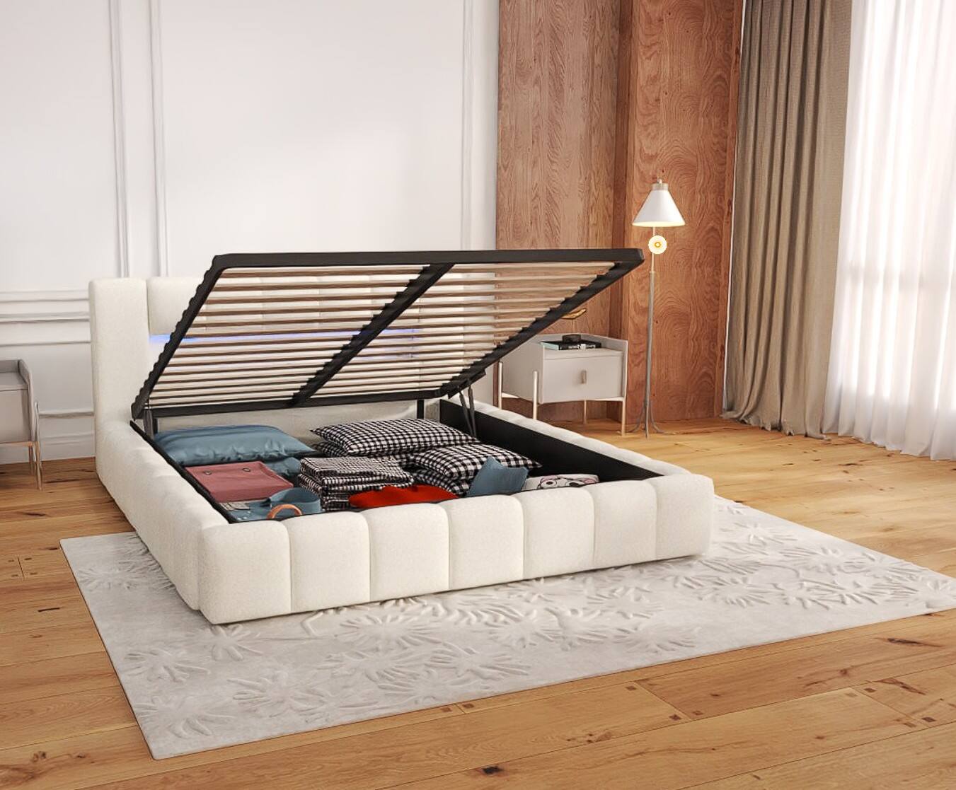 Pat dormitor dumonde, tapitat bej, Palermo 180X200 cm, somiera rabatabila inclusa, spatiu depozitare