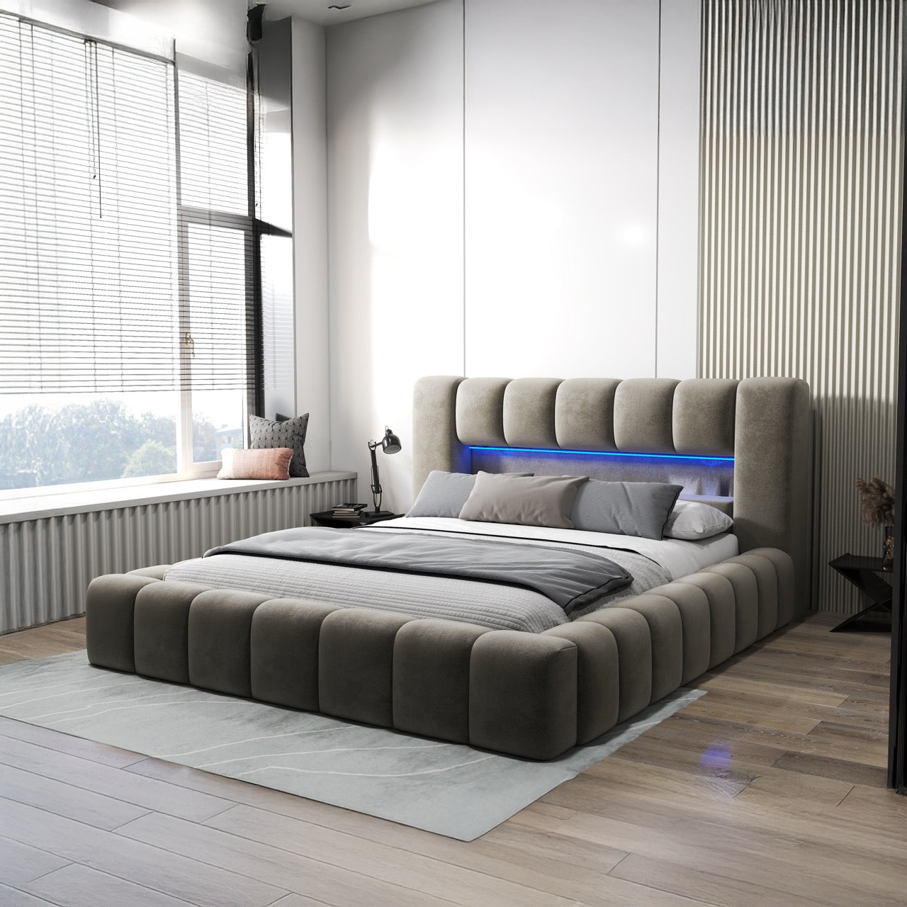 Pat dormitor dumonde, tapitat bej cu LED si USB, Palermo 160x200 cm, somiera rabatabila inclusa, spatiu depozitare