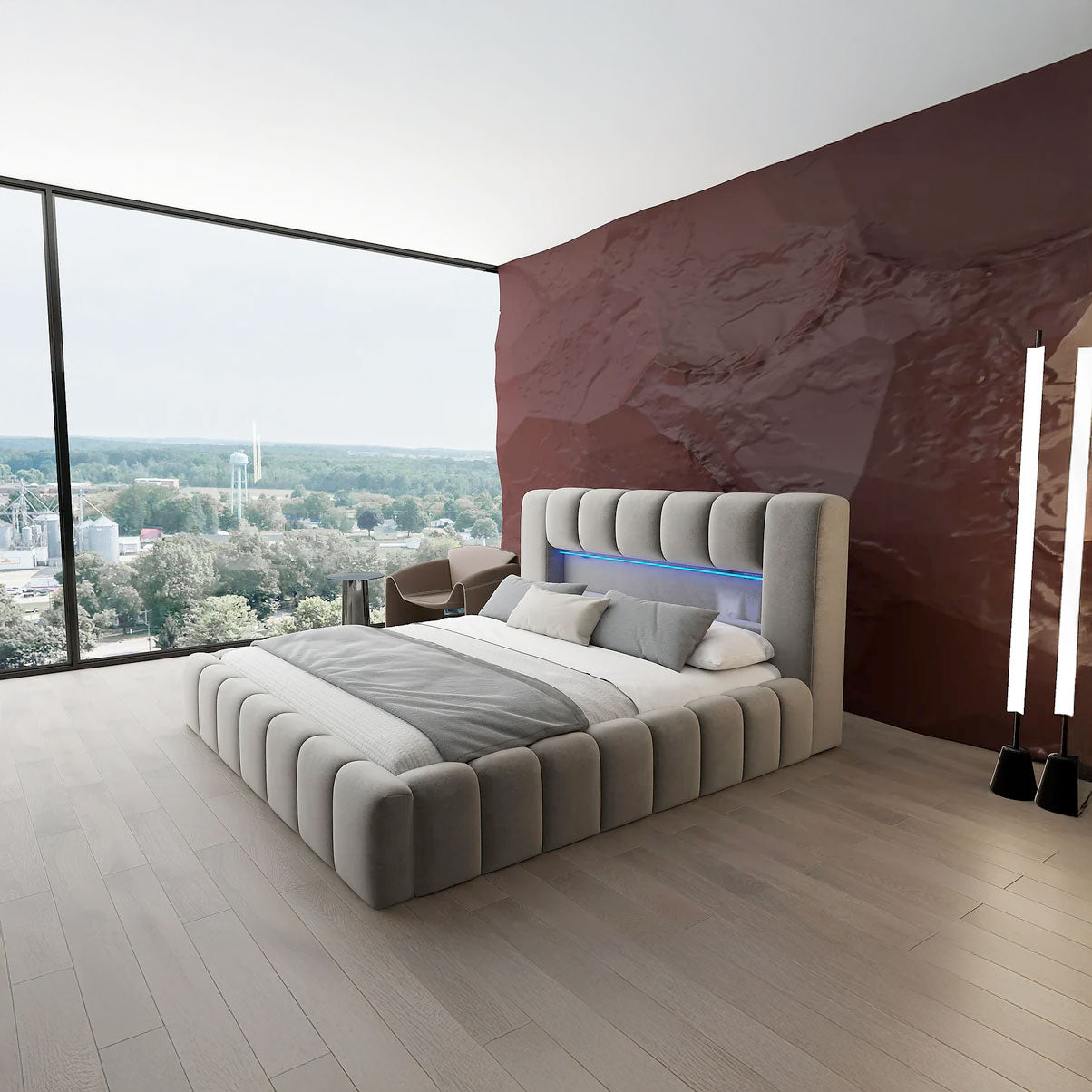 Pat dormitor dumonde, tapitat bej cu LED si USB, Palermo 180x200 cm, somiera rabatabila inclusa, spatiu depozitare