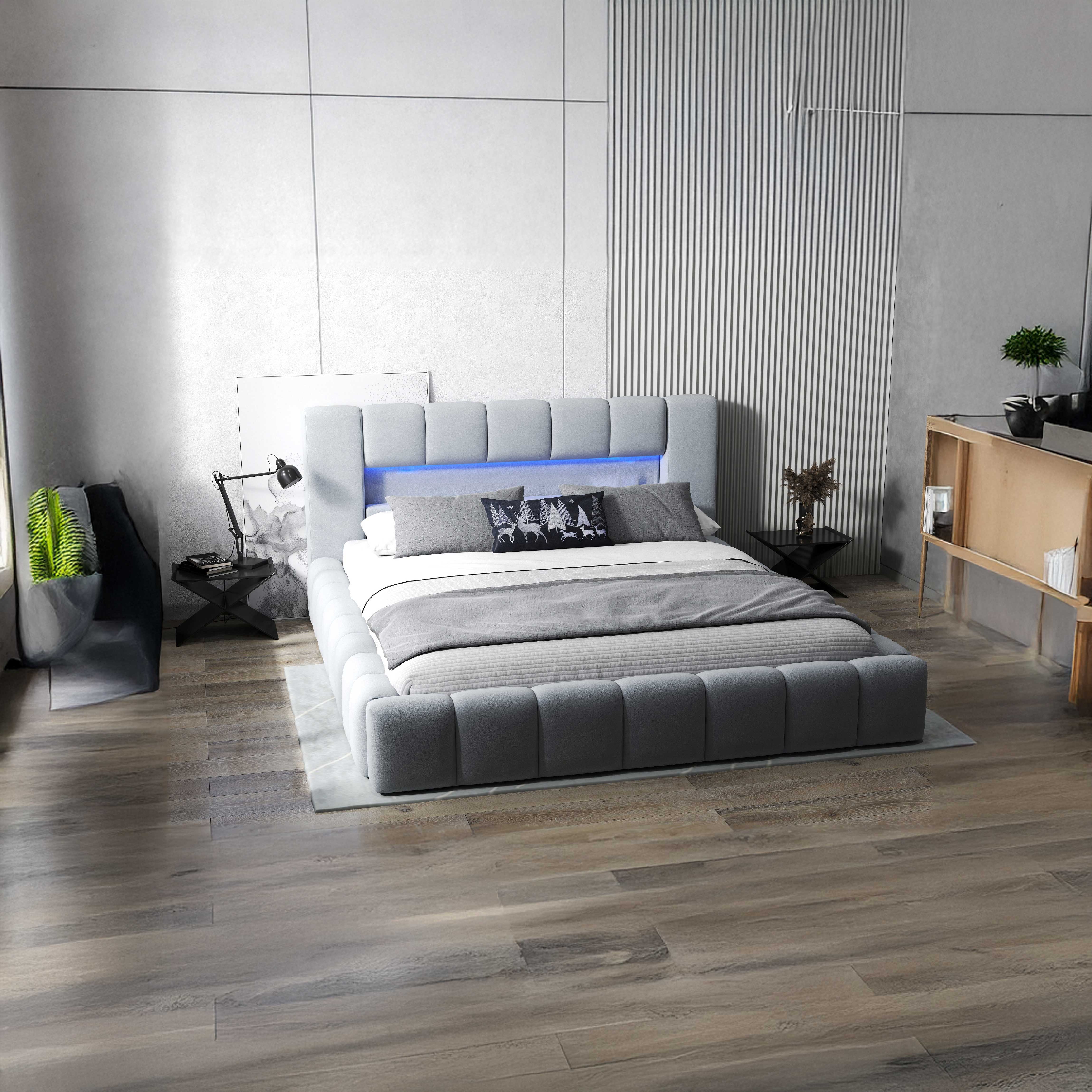 Pat dormitor dumonde, tapitat gri cu LED si USB, Palermo 140x200 cm, somiera rabatabila inclusa, spatiu depozitare WLS