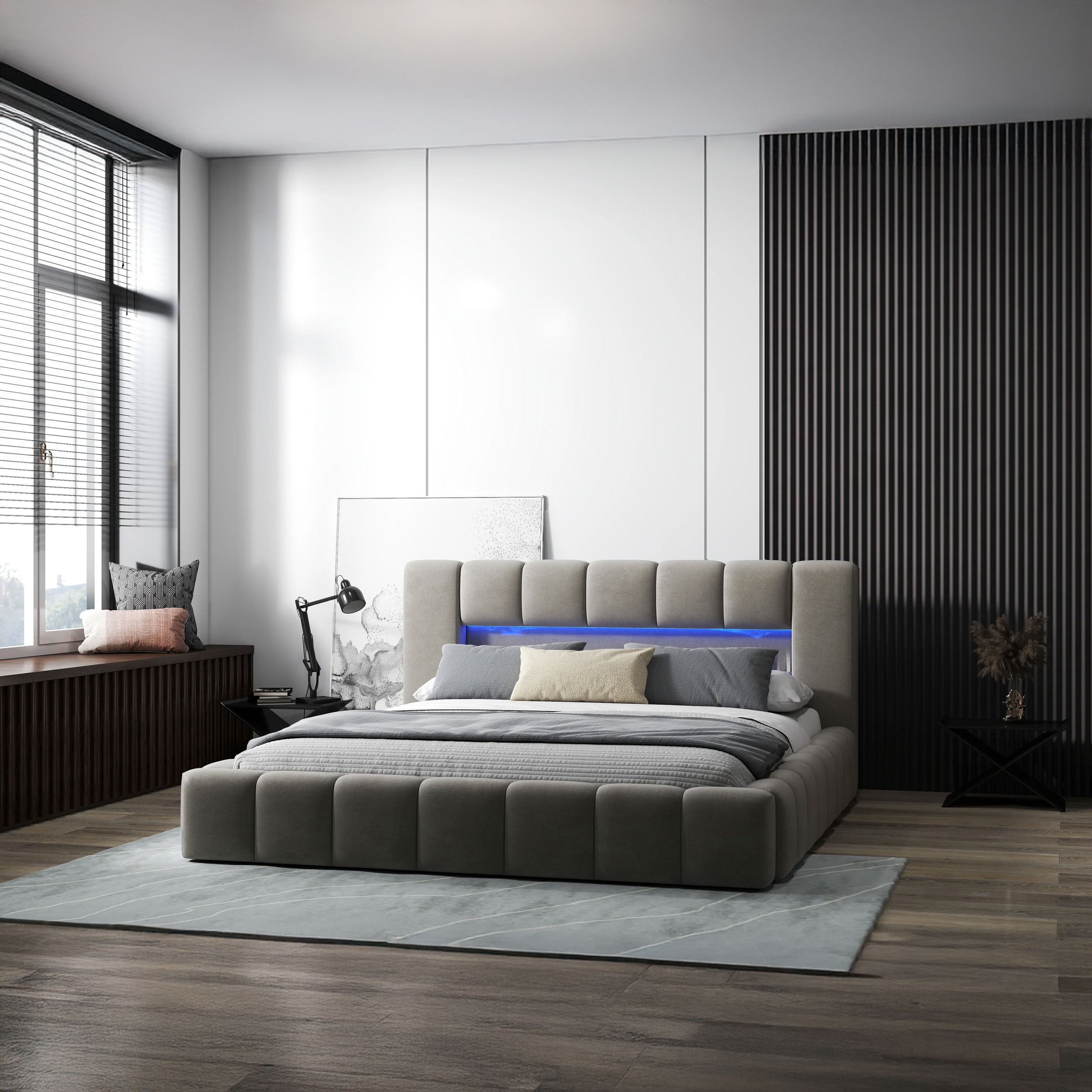 Pat dormitor dumonde, tapitat bej cu LED si USB, Palermo 140x200 cm, somiera rabatabila inclusa, spatiu depozitare WLS