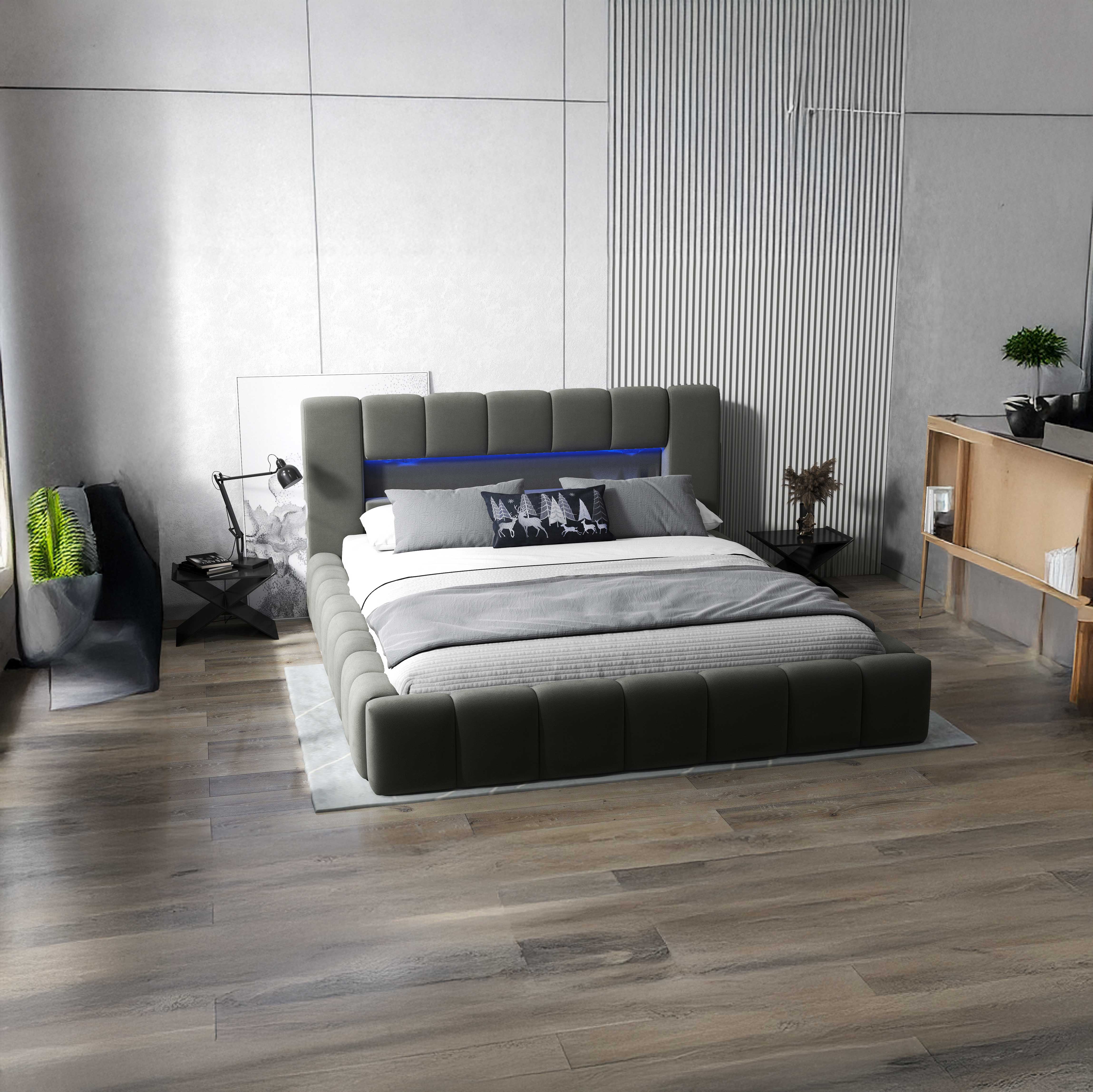 Pat dormitor dumonde, tapitat gri cu LED si USB, Palermo 160x200 cm, somiera rabatabila inclusa, spatiu depozitare WLS