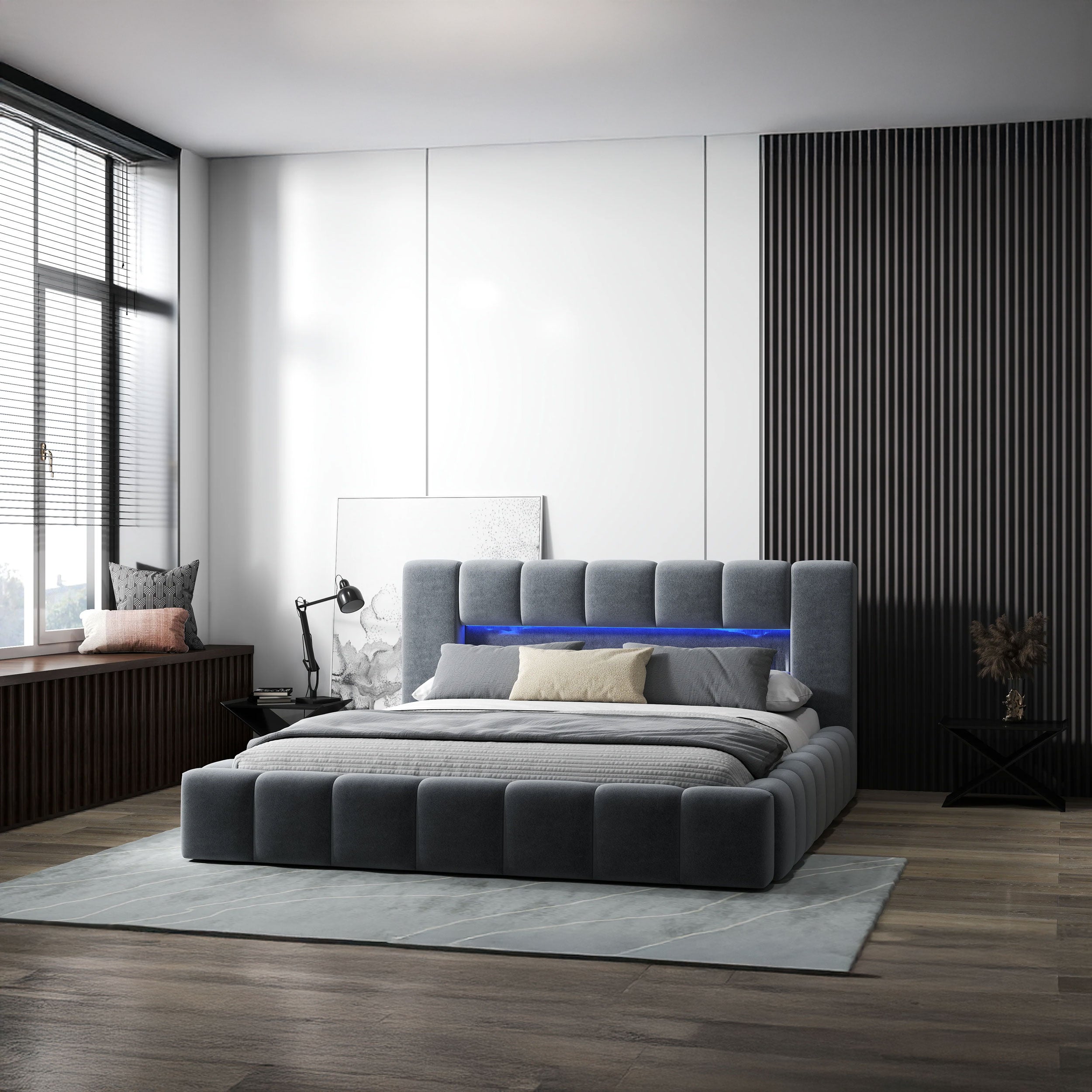 Pat dormitor dumonde, tapitat gri cu LED si USB, Palermo 140x200 cm, somiera rabatabila inclusa, spatiu depozitare WLS