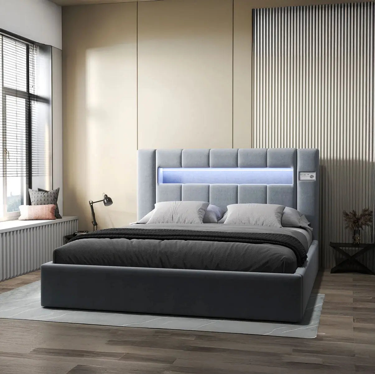 Pat dormitor dumonde, tapitat gri, Glow 180x200 cm, somiera rabatabila inclusa, spatiu depozitare WLS