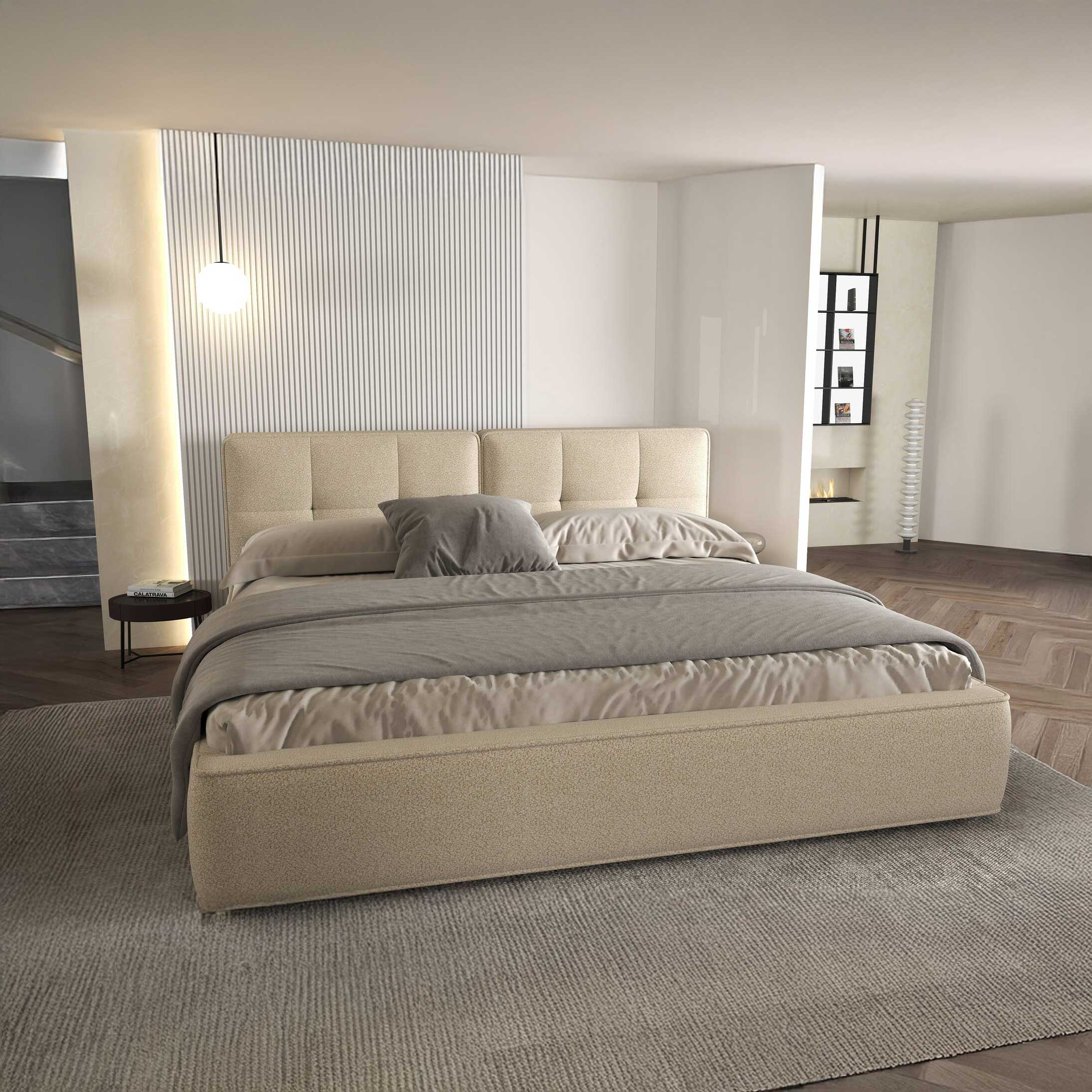 Pat dormitor dumonde, tapitat bej, Vegas 180x200 cm, somiera rabatabila inclusa, spatiu depozitare
