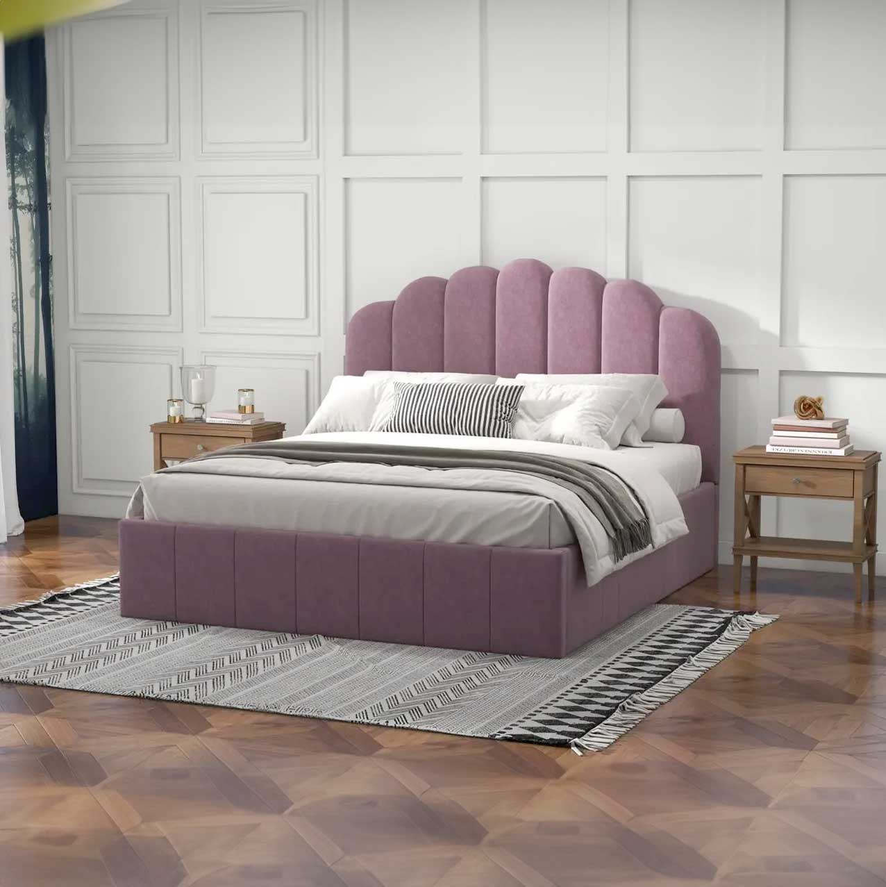 Pat dormitor dumonde, tapitat roz pudrat, Amira 160x200 cm, somiera rabatabila inclusa, spatiu depozitare WLS