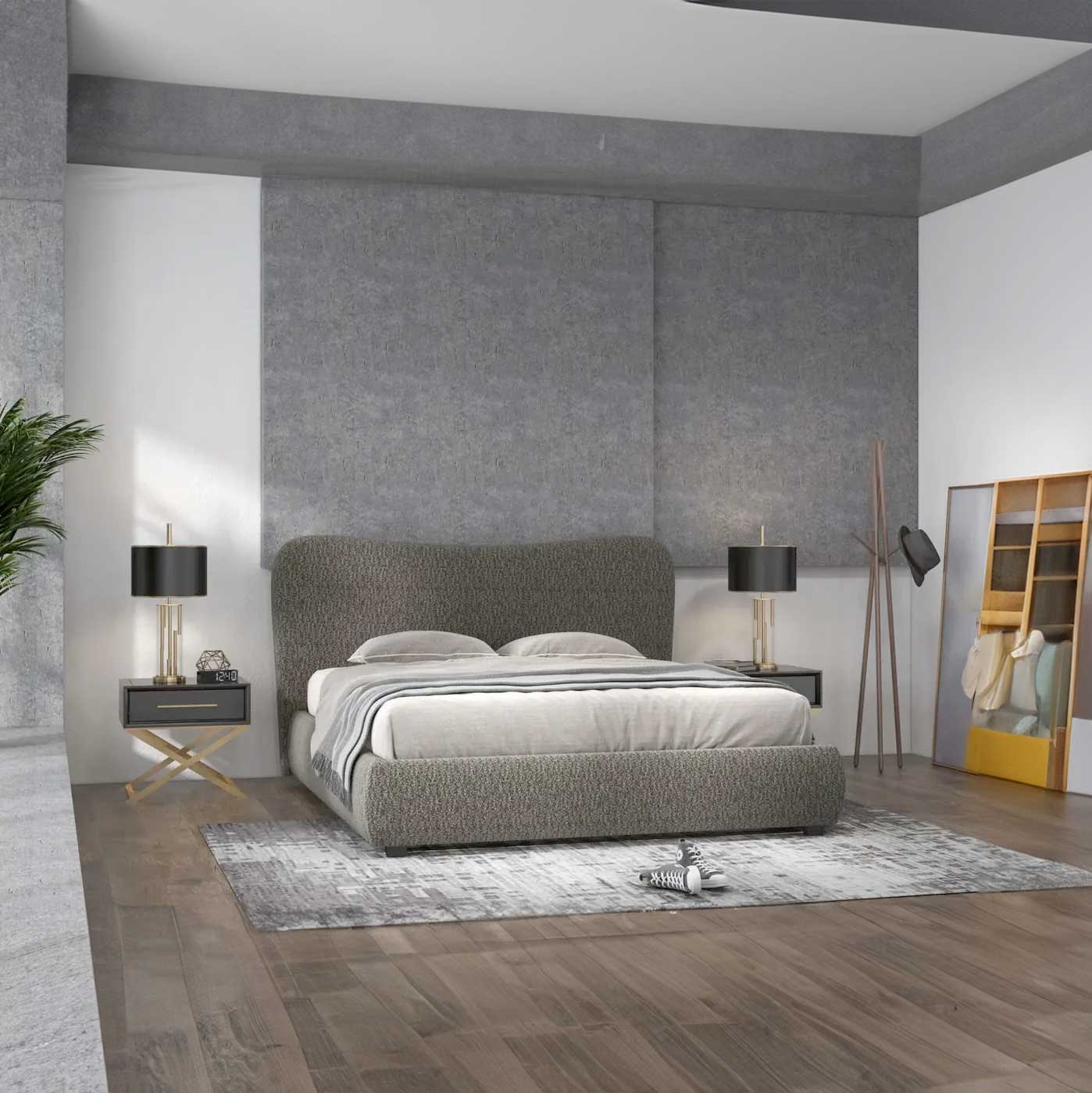 Pat dormitor dumonde, tapitat bej, Houston 160x200 cm, somiera rabatabila inclusa, spatiu depozitare BAZYO