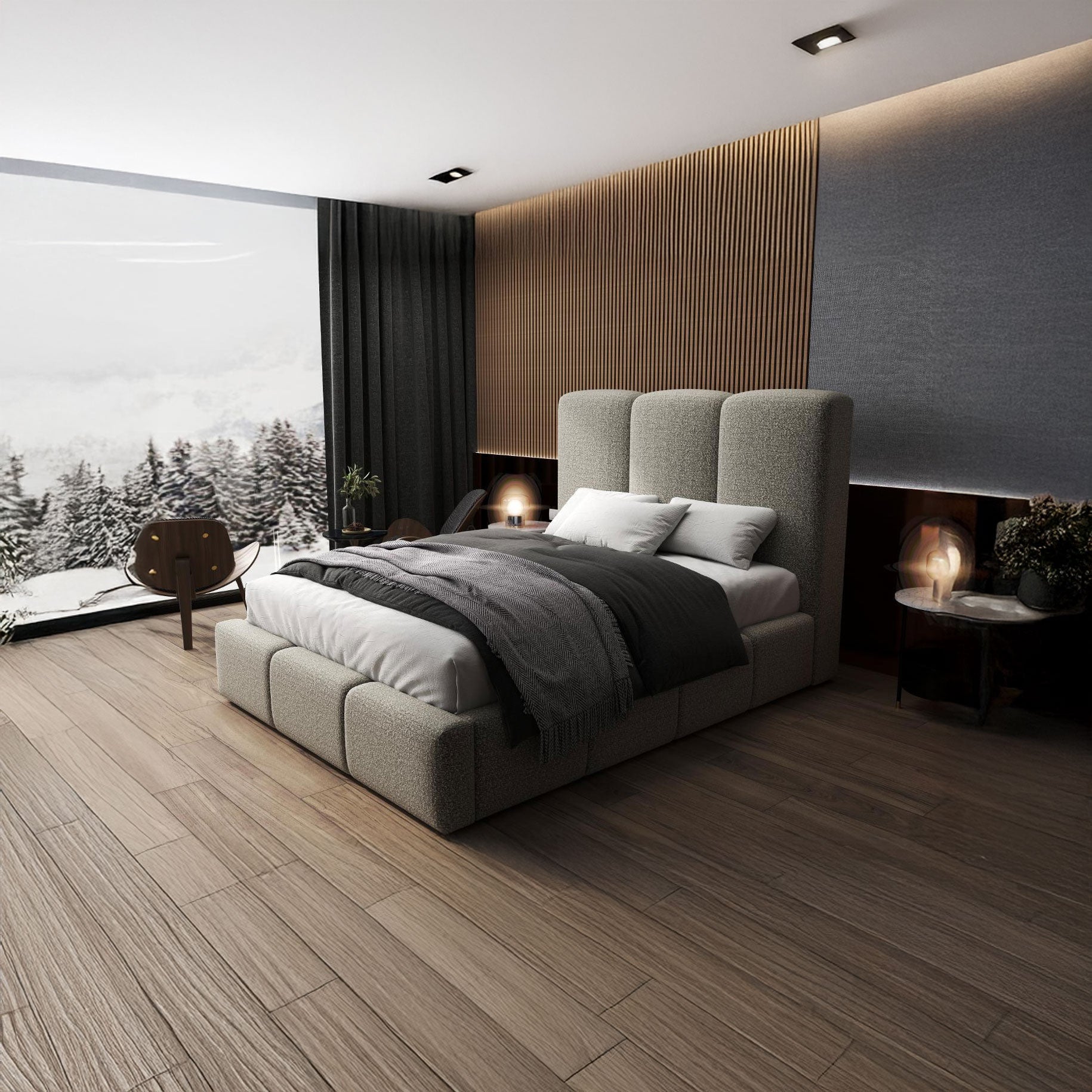 Pat dormitor dumonde, tapitat bej, Dinasty 180x200 cm, somiera rabatabila inclusa, spatiu depozitare WLS