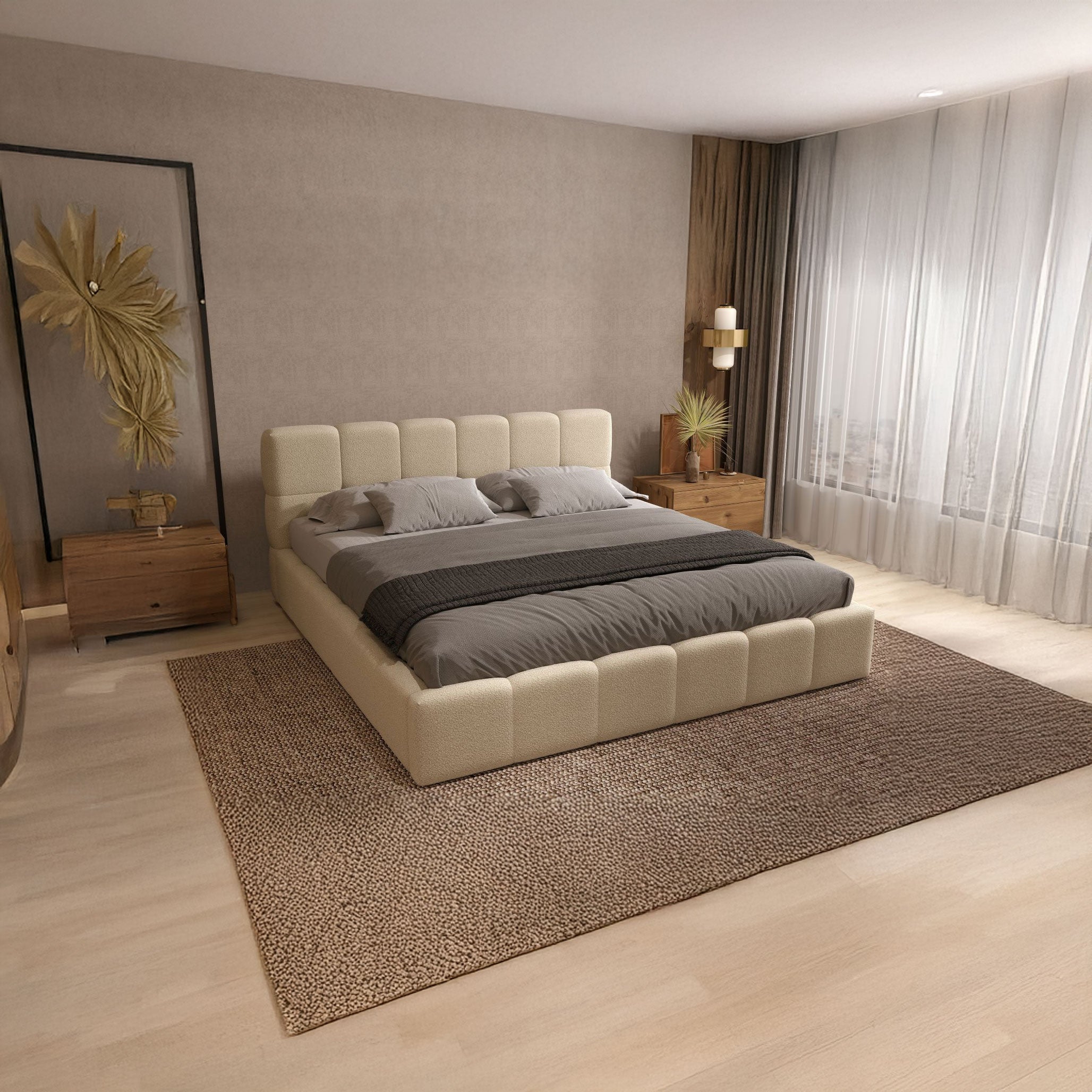 Pat dormitor dumonde, tapitat bej, Barcelona 180x200 cm, somiera rabatabila inclusa, spatiu depozitare WLS